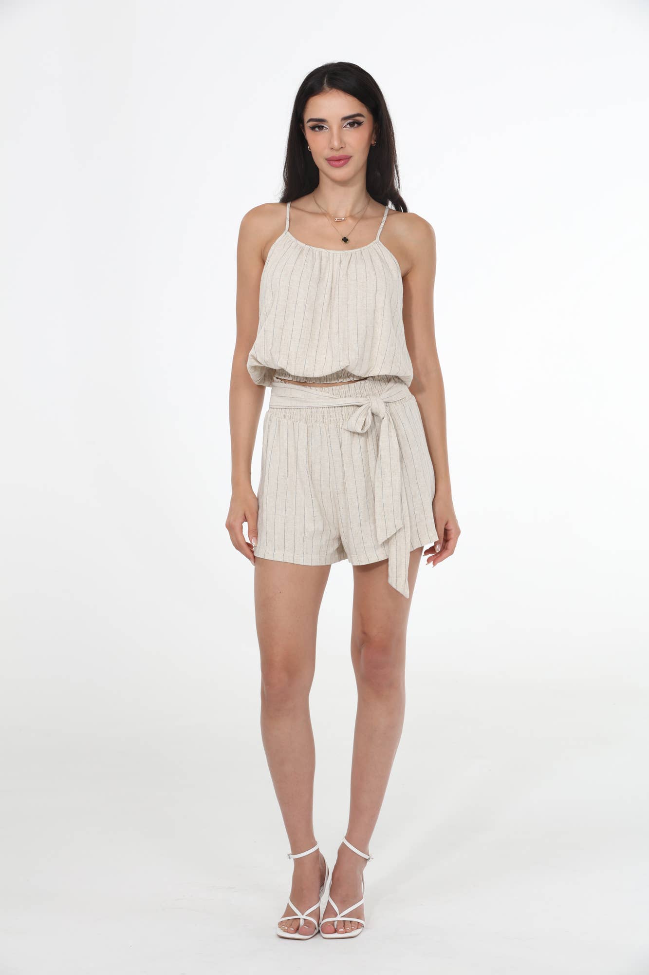 Smocked Waist Striped Linen Short
