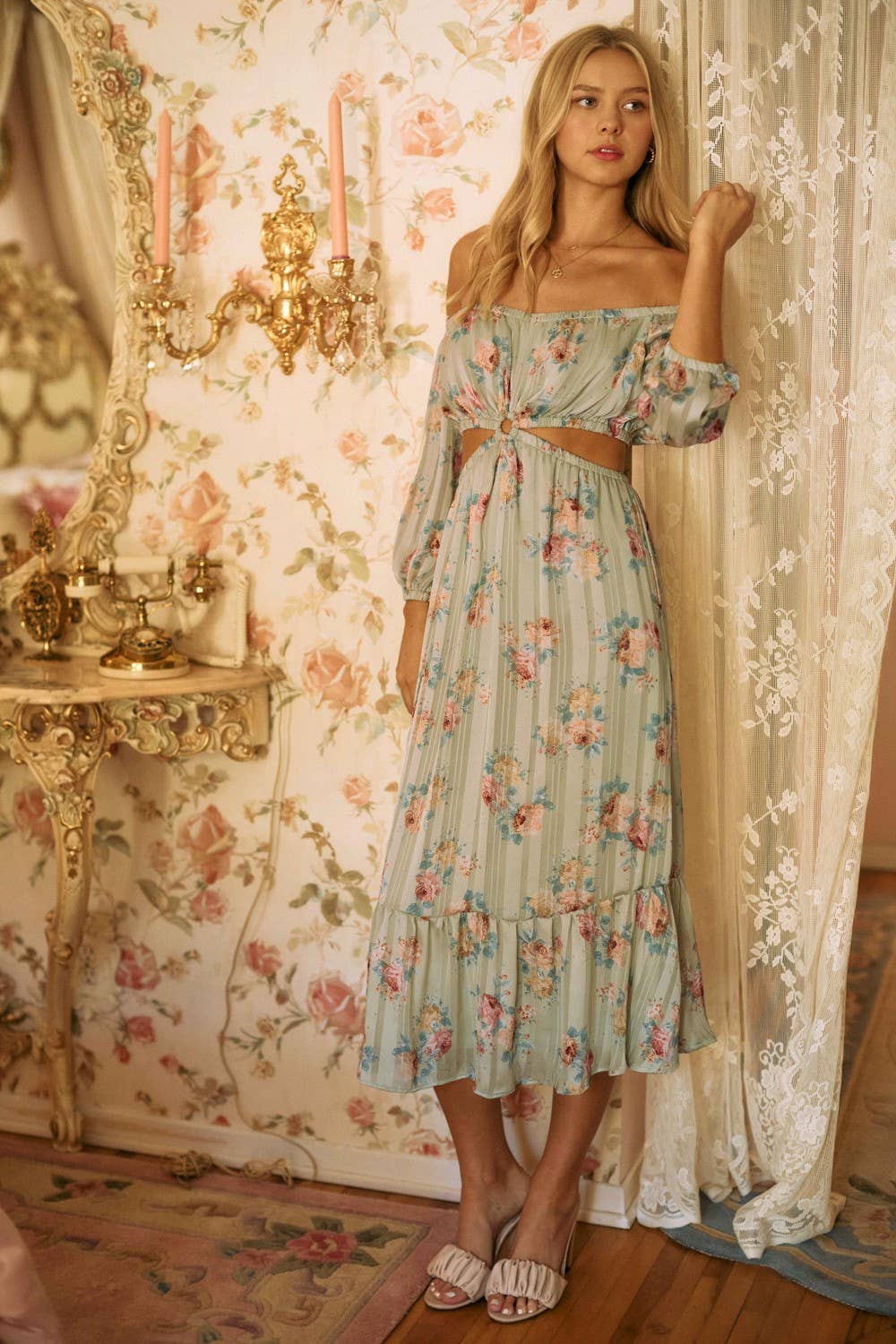 FLORAL SHADOW STRIPE OFFSHOULDER CUT OUT DRESS
