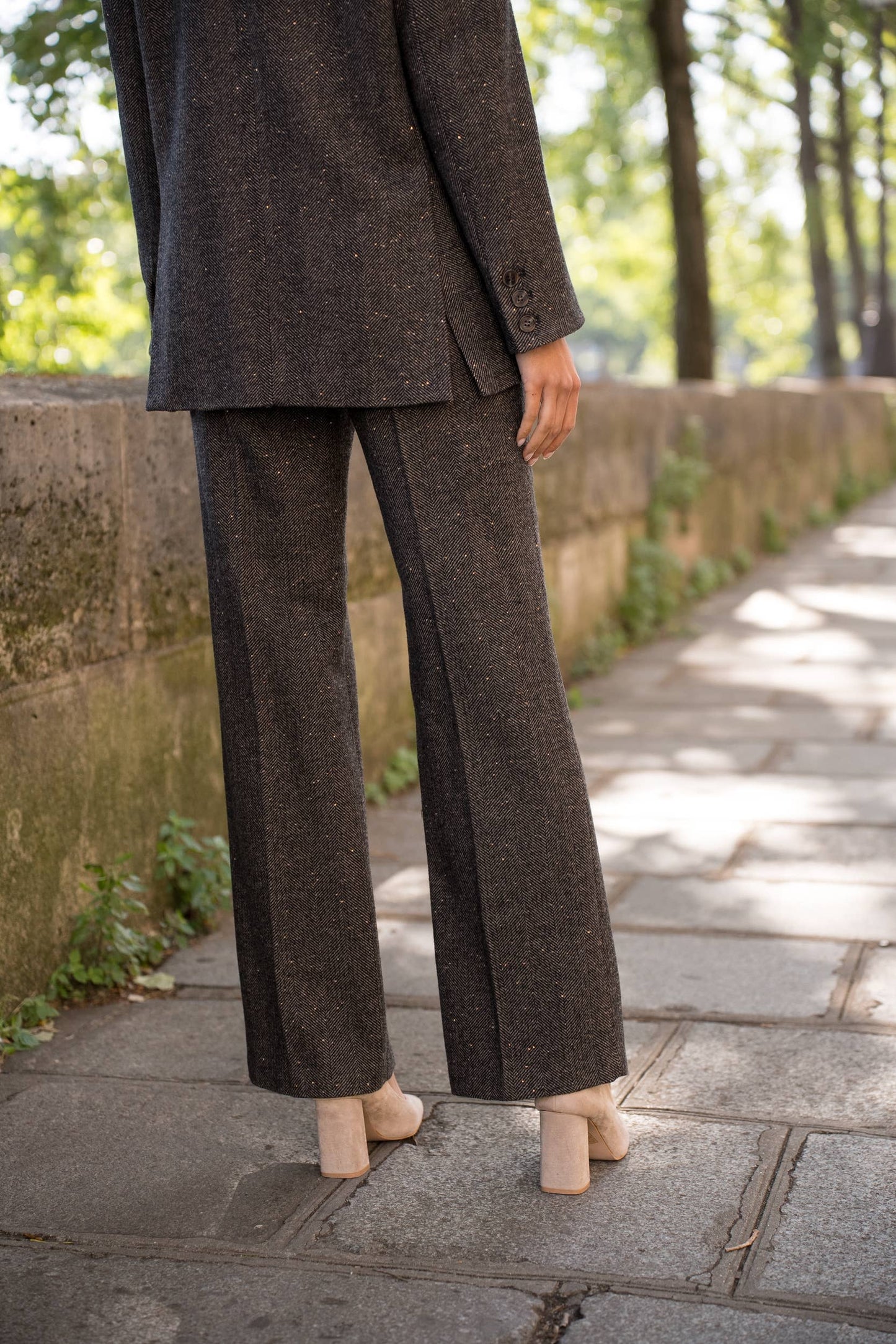 Straight Long Trousers in Herringbone Wool Blend
