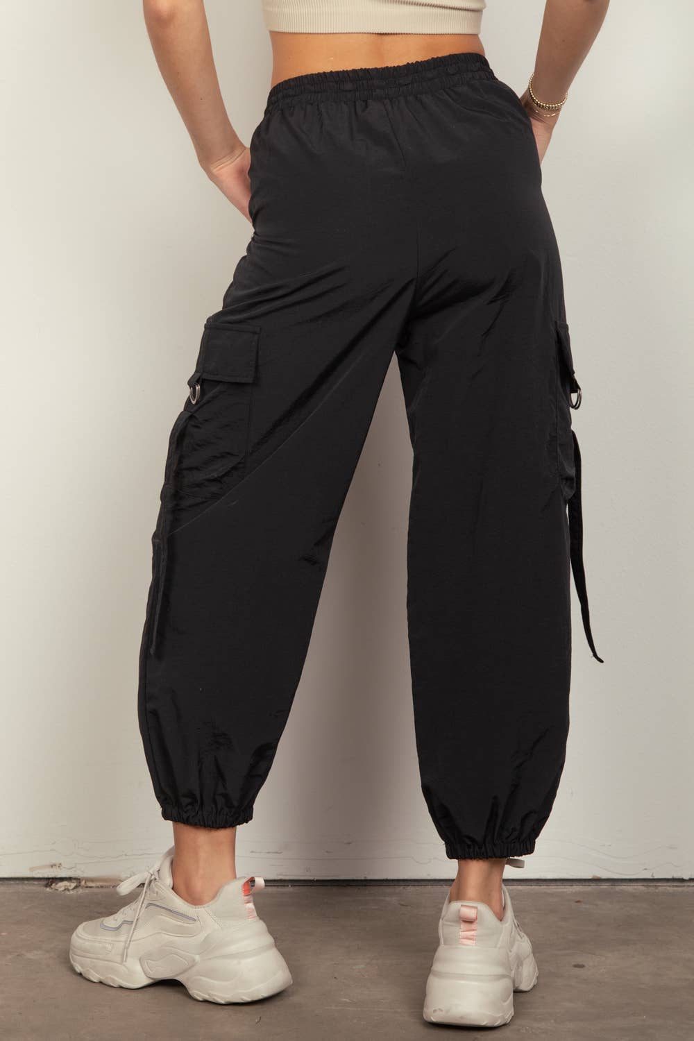 Elastic Waist Solid Woven Cargo Pants
