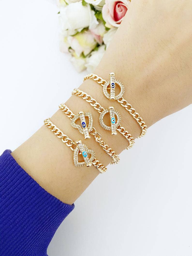 Evil Eye Toggle Bracelet, Gold Chain Bracelet, Heart Charm Bracelet