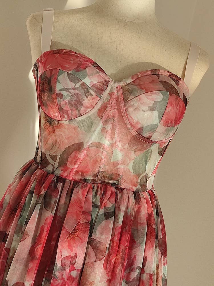 Floral Mesh Suspender Dress - Slim Waist A-Line Swing