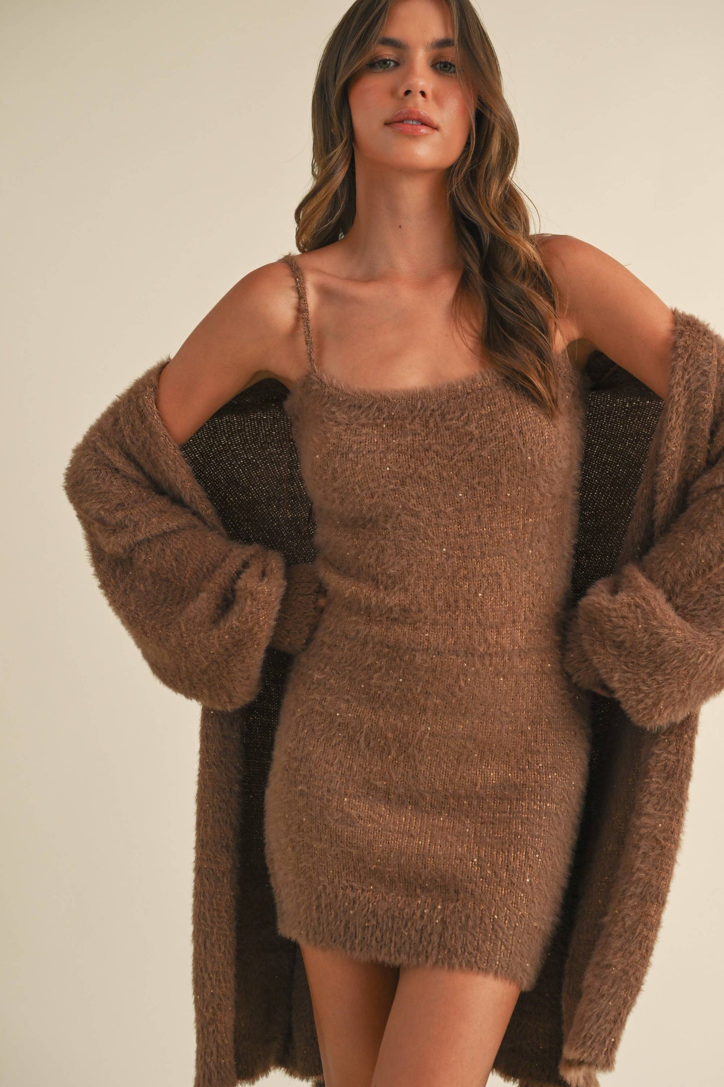 SOFT SLEEVELESS TUBE MINI DRESS AND CARDIGAN SET