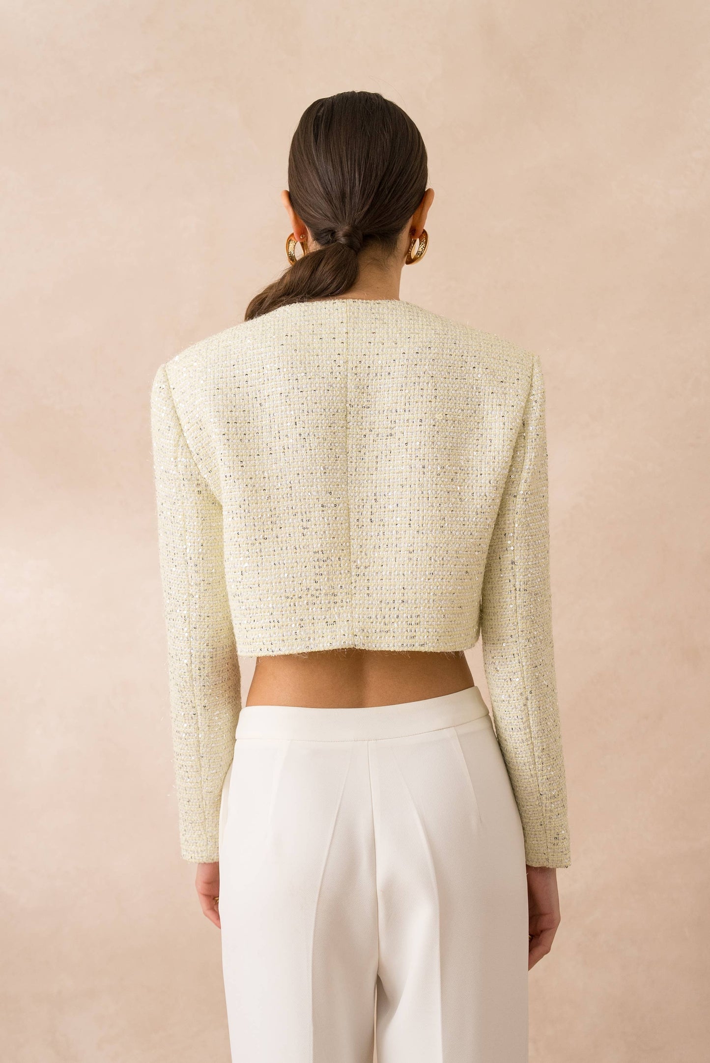 Short sequin tweed collarless jacket