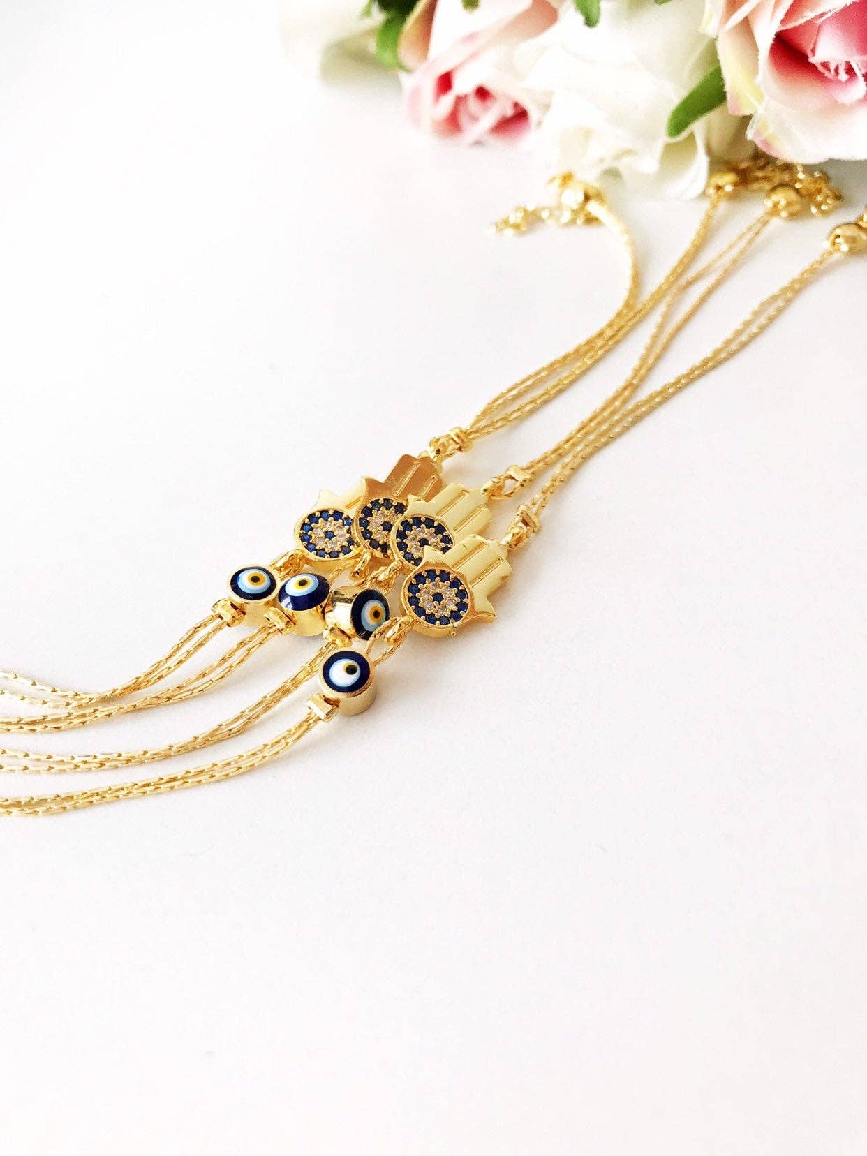 Hamsa Evil Eye Bracelet, Gold Chain Bracelet, Greek Jewelry