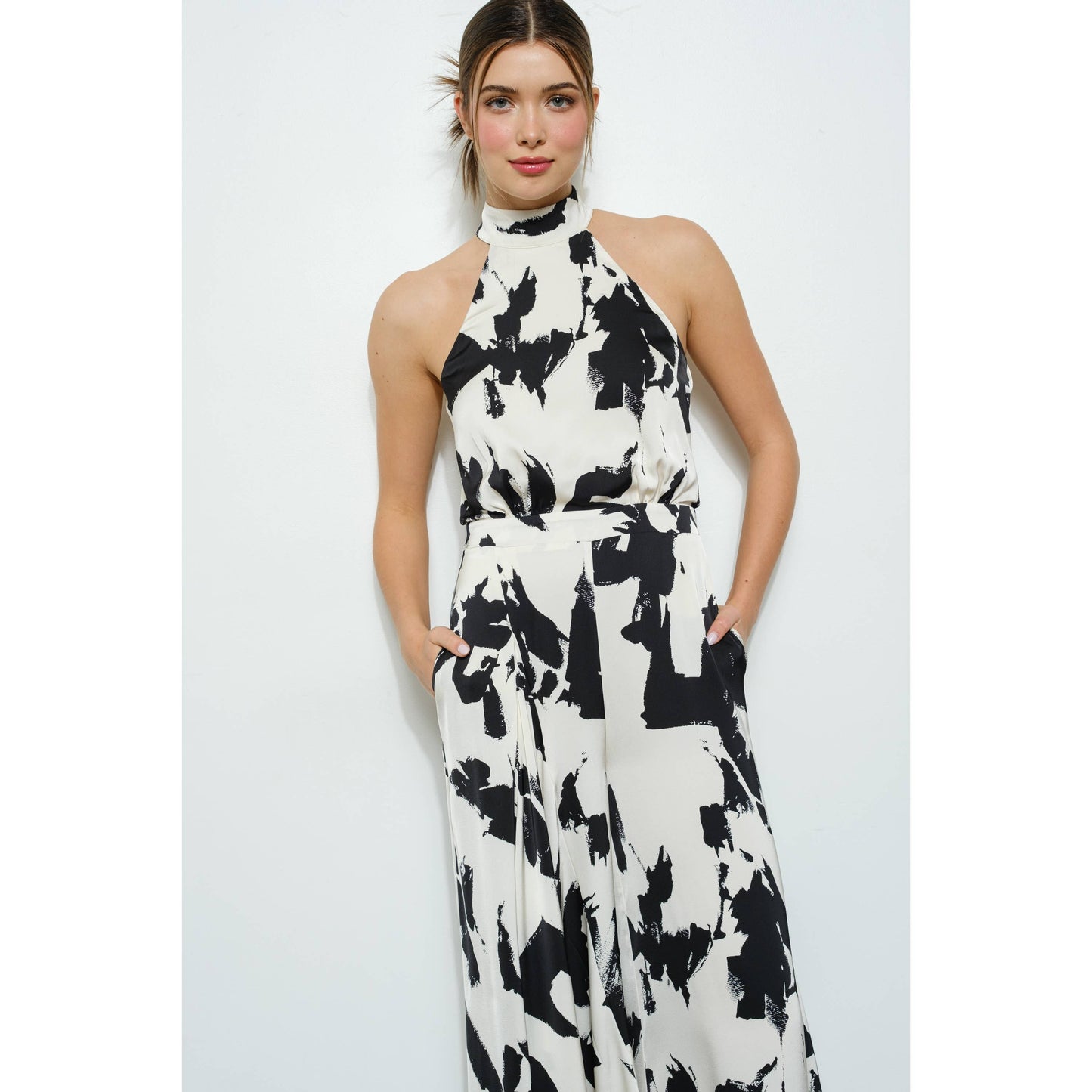 Abstract Print Halter Neck Wide-Leg Jumpsuit
