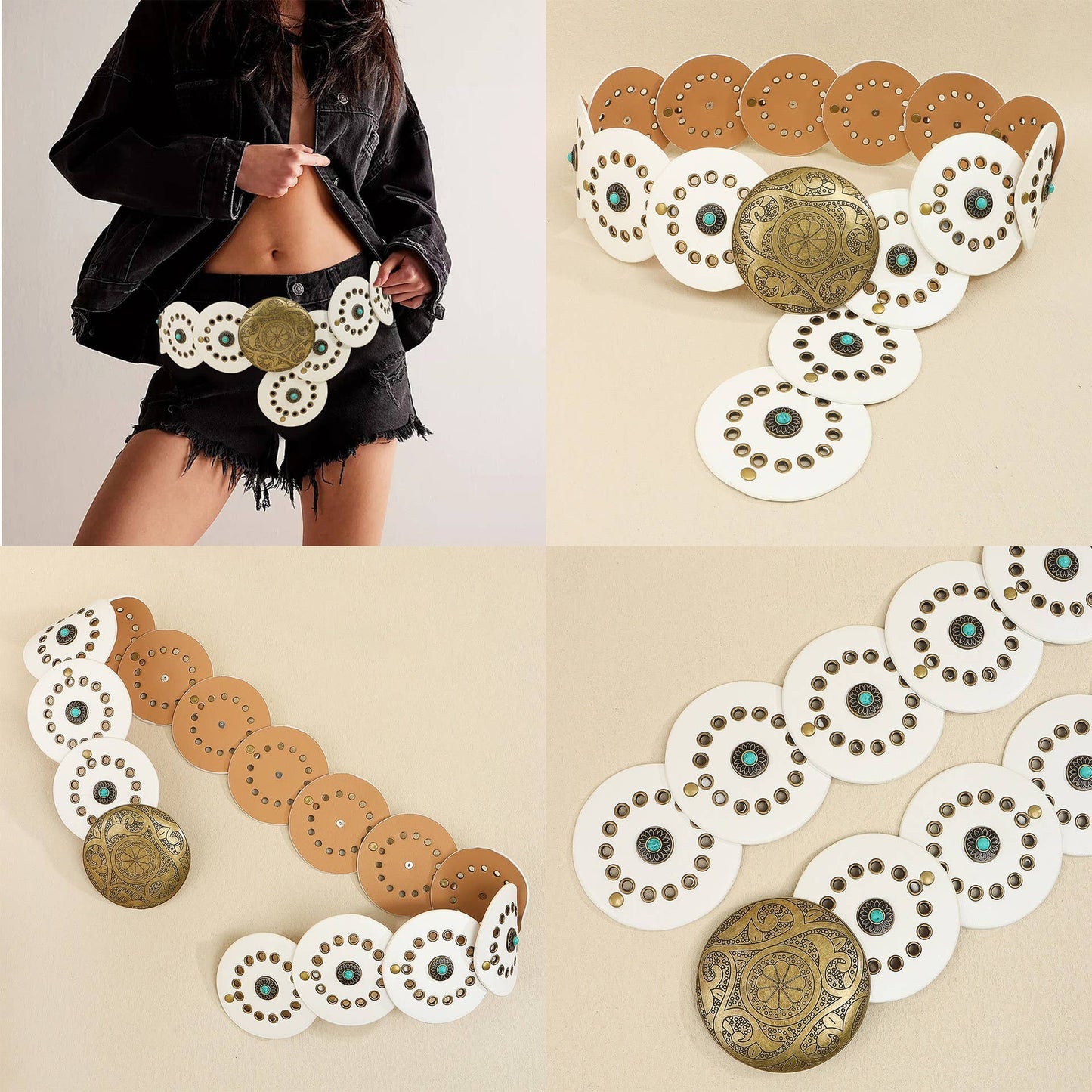 Studded Circular Disc Snap Y Shape Punk Belt