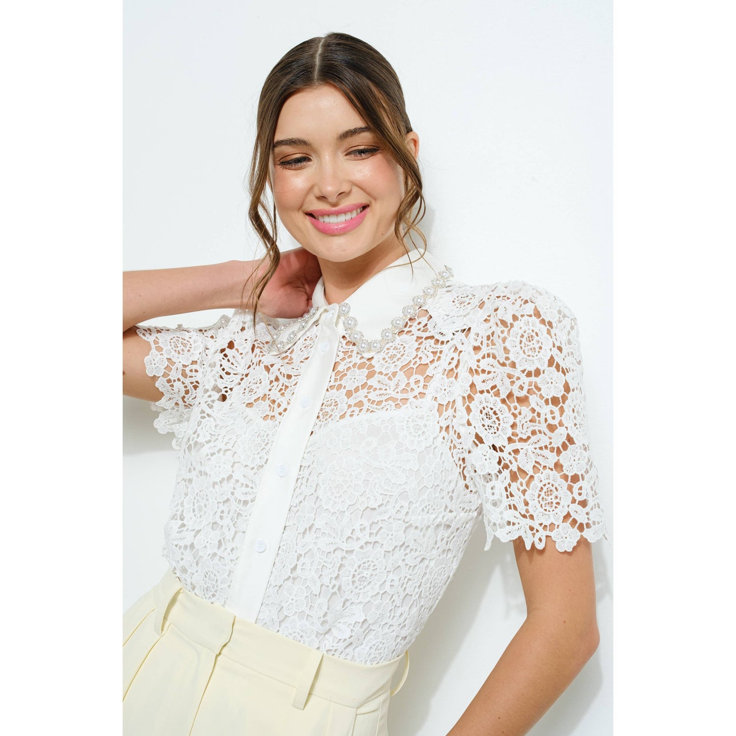 Pearl Embellished Collar Lace Blouse