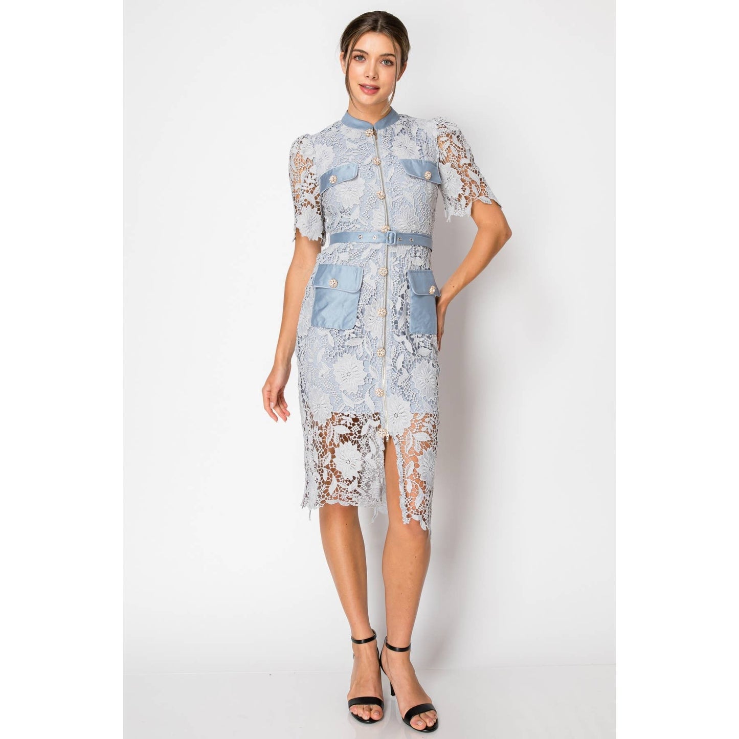 Lace Short Sleeve Zipper Closure Midi Dress
