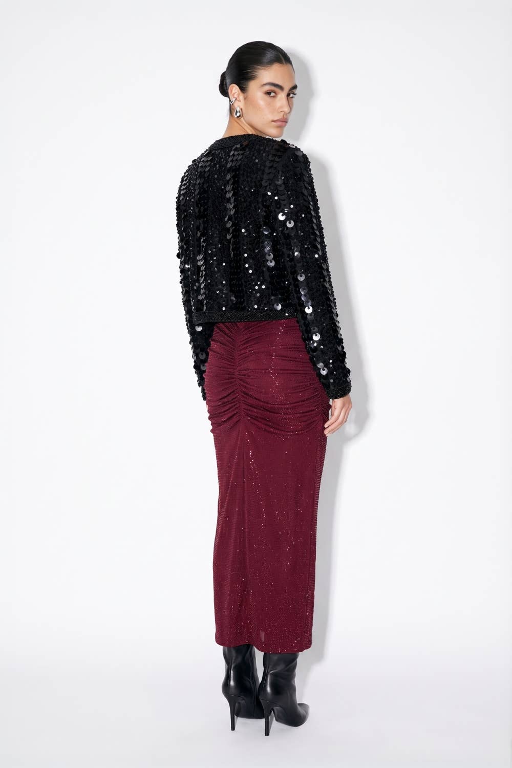 Holiday Shimmer Ruched Backless Maxi Dress