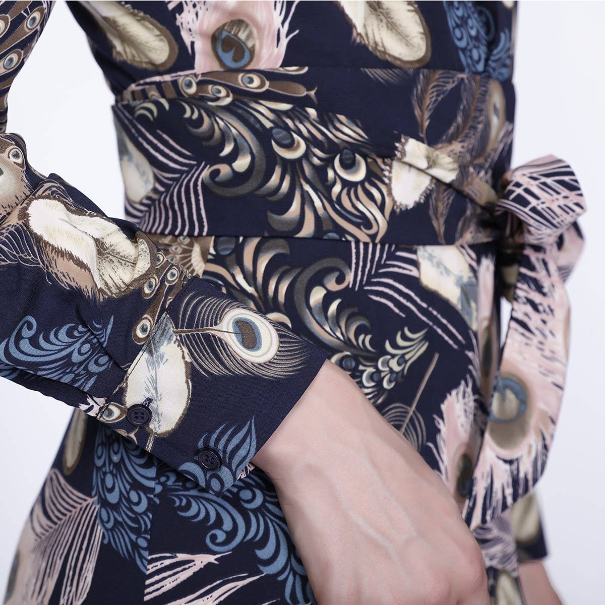 Bohemian style long dress with ruffles and feather print