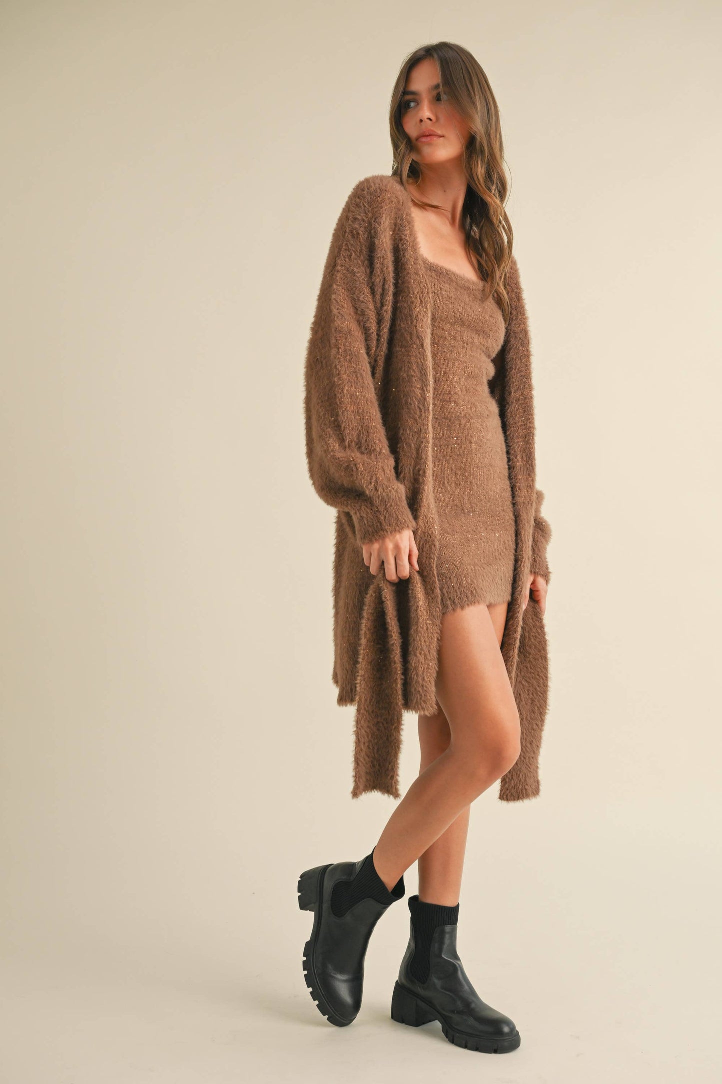 SOFT SLEEVELESS TUBE MINI DRESS AND CARDIGAN SET