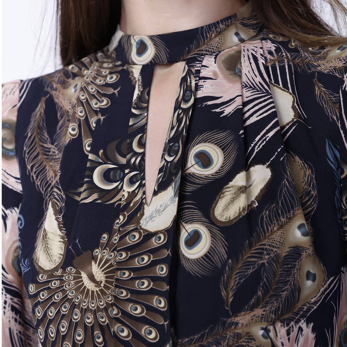 Bohemian style long dress with ruffles and feather print