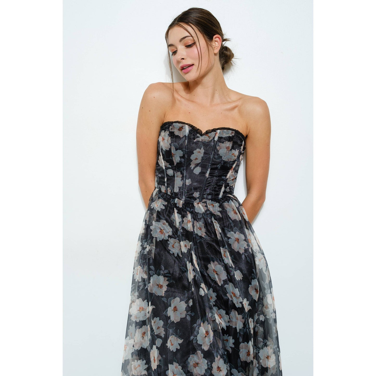 Strapless Floral Maxi Dress with Corset Bodice