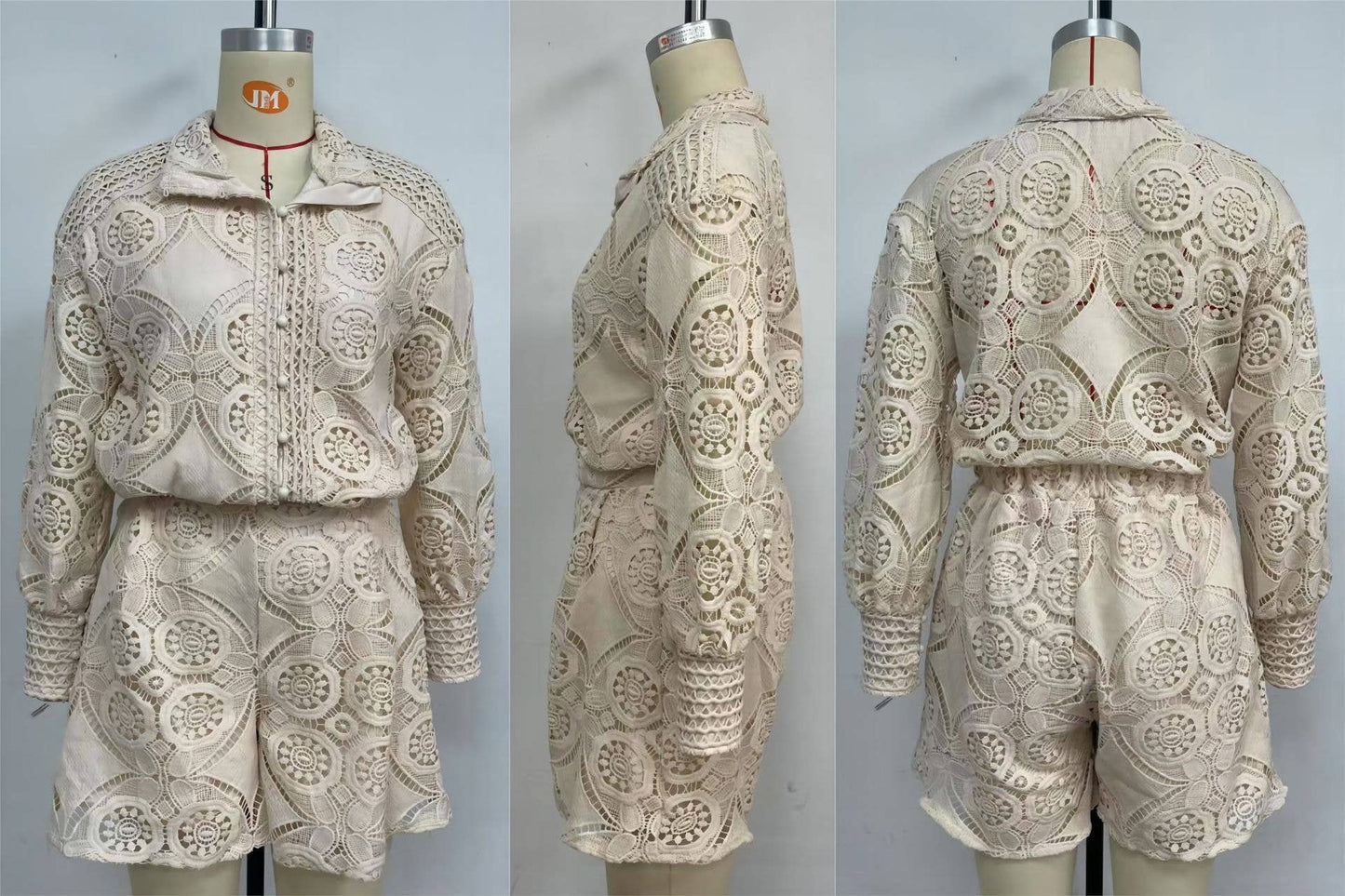 Full Lace Buttoned Blouse With Shorts 2pcs Set ZK1543