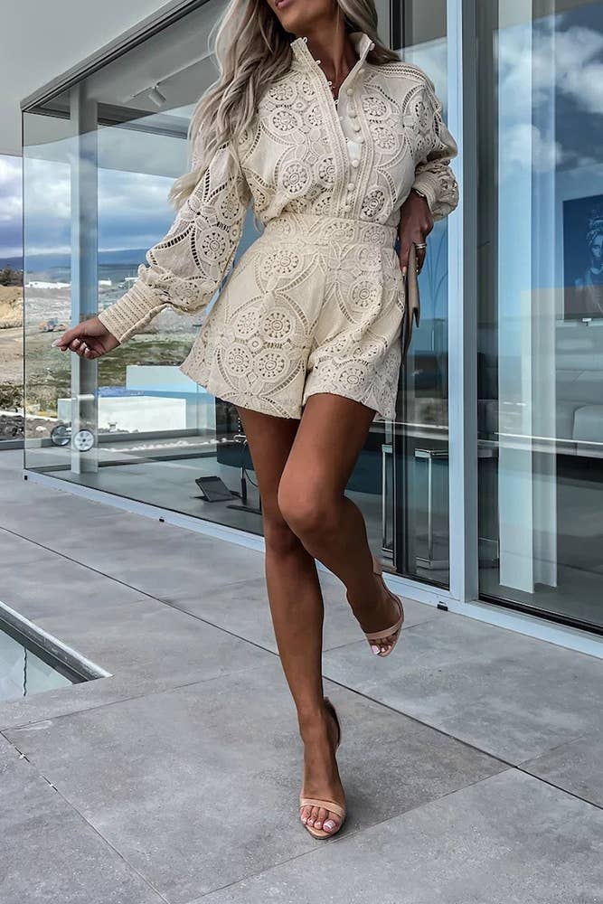 Full Lace Buttoned Blouse With Shorts 2pcs Set ZK1543