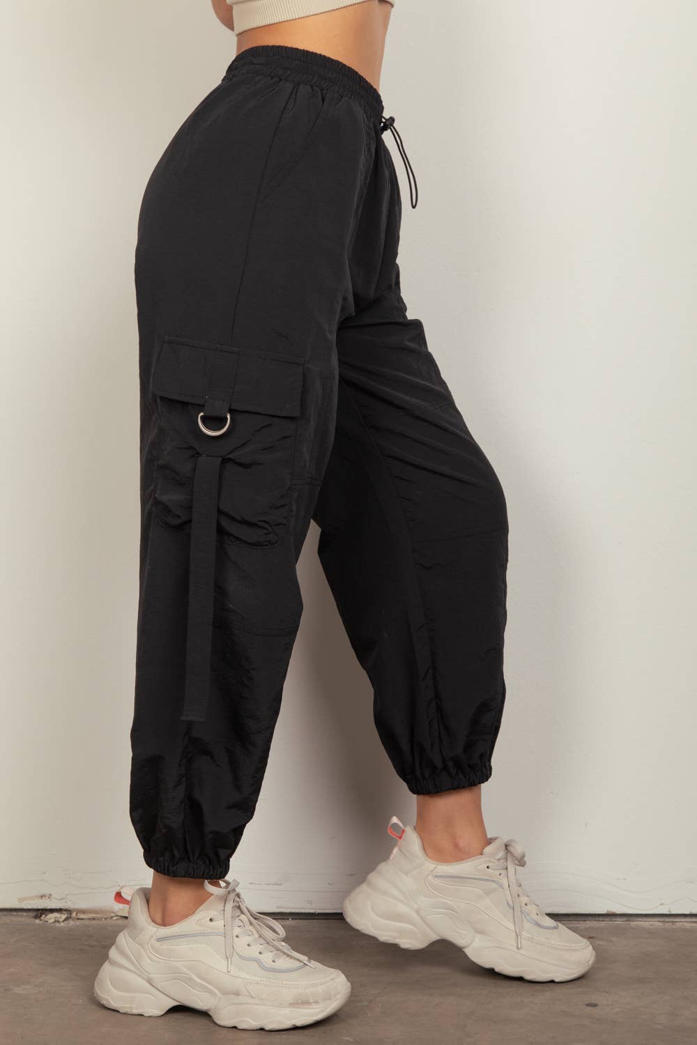 Elastic Waist Solid Woven Cargo Pants