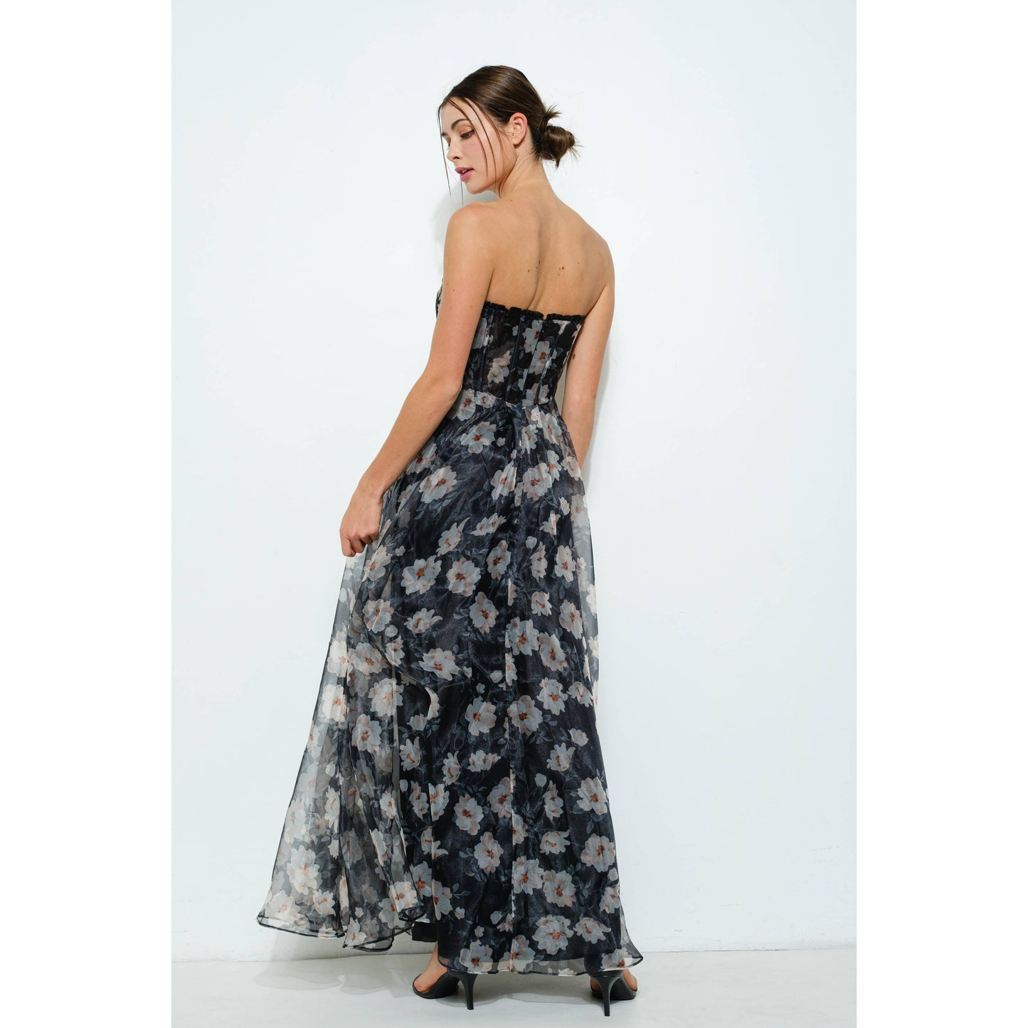 Strapless Floral Maxi Dress with Corset Bodice
