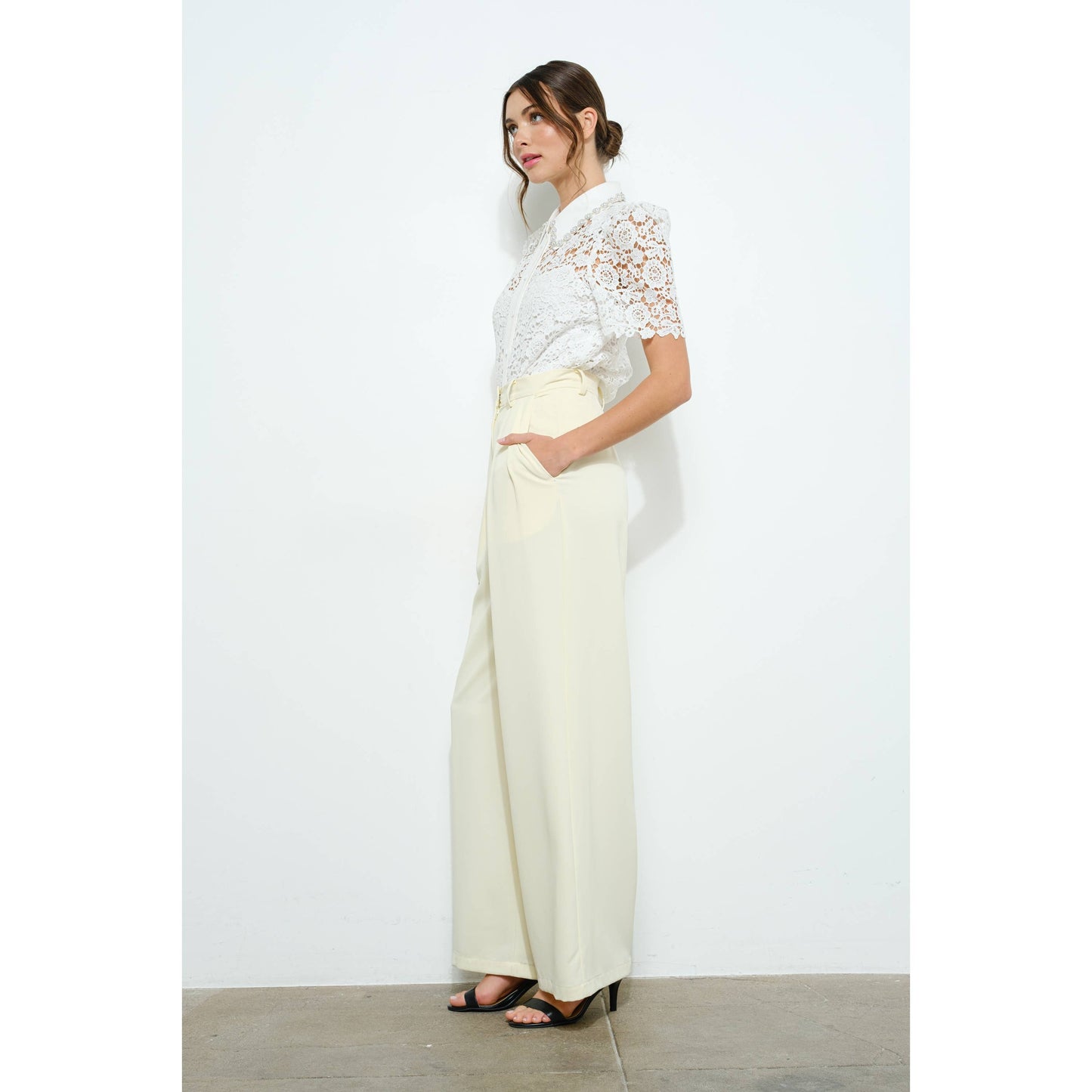 Pearl Embellished Collar Lace Blouse