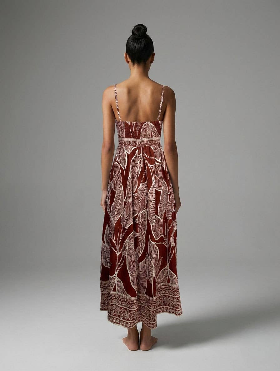 Meet Me In Santorini Rust Leaf Code Maxi Dress