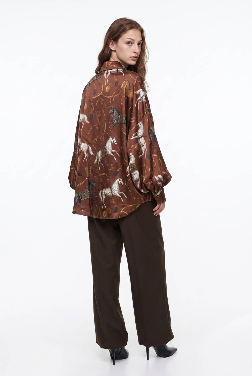 Oversized Equestrian Print Silky Shirt with Puff Sleeves