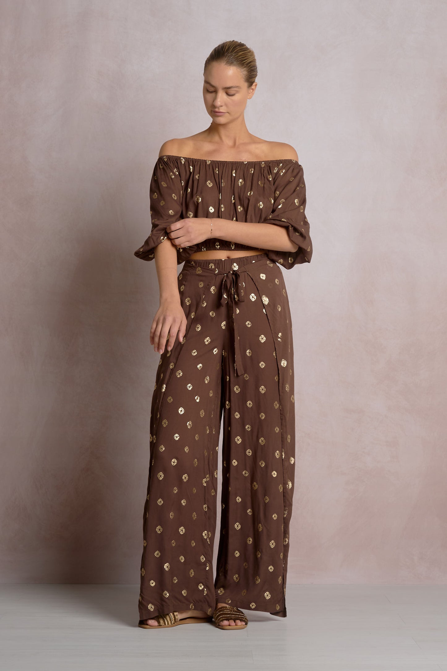 Elan 3/4 Sleeve Off Shoulder Gold Detail Top