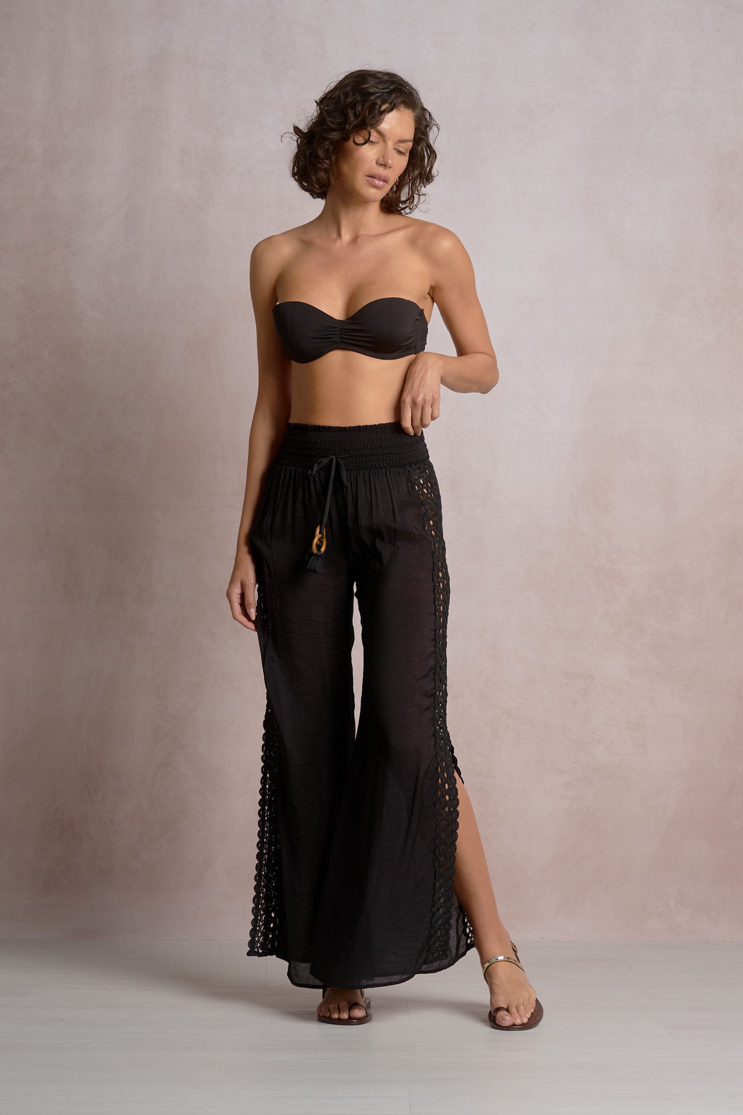 Elan Crochet Trimmed Elastic Waist w/ Slit Pants
