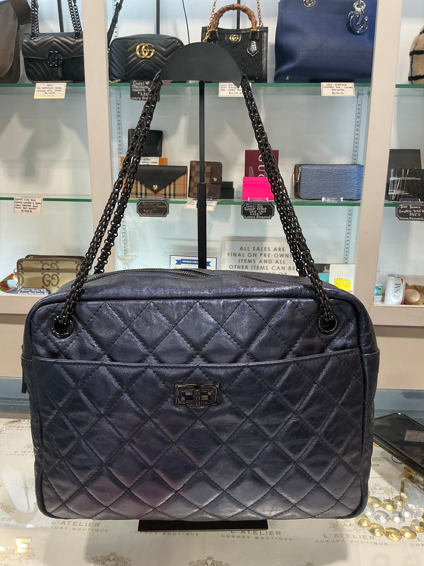 Chanel 2.55 Blue Metallic Leather and Black Chain Shoulder Bag - Luxury Pre-owned