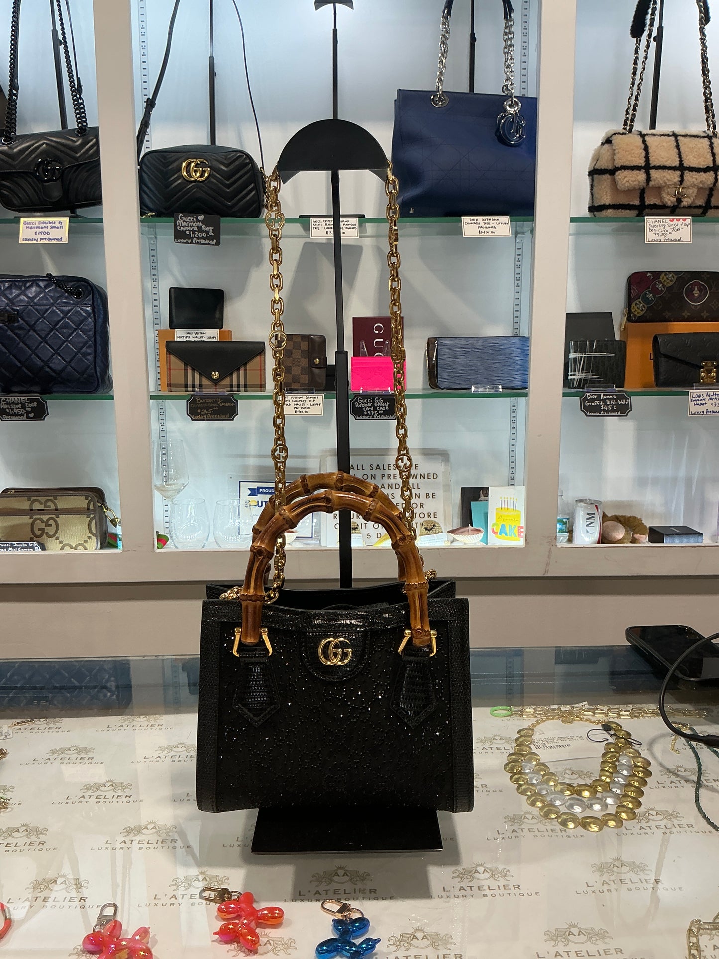 Gucci Crystal Diana Mini Bamboo Handle Tote - Luxury Pre-owned