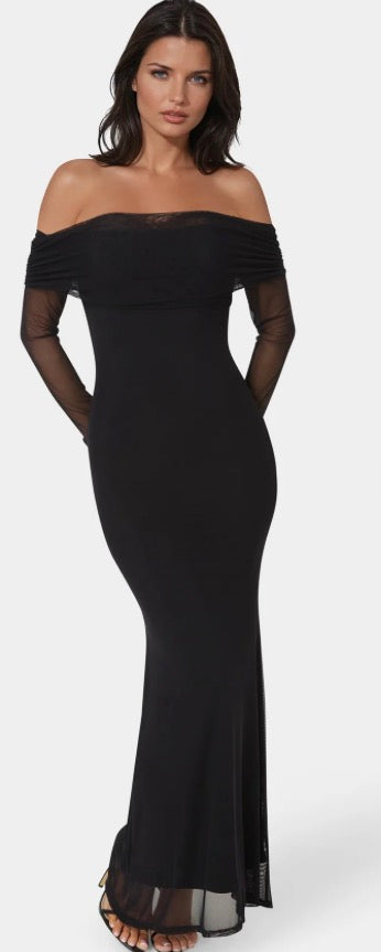 Bebe Long Sleeve Off-Shoulder Maxi Dress
