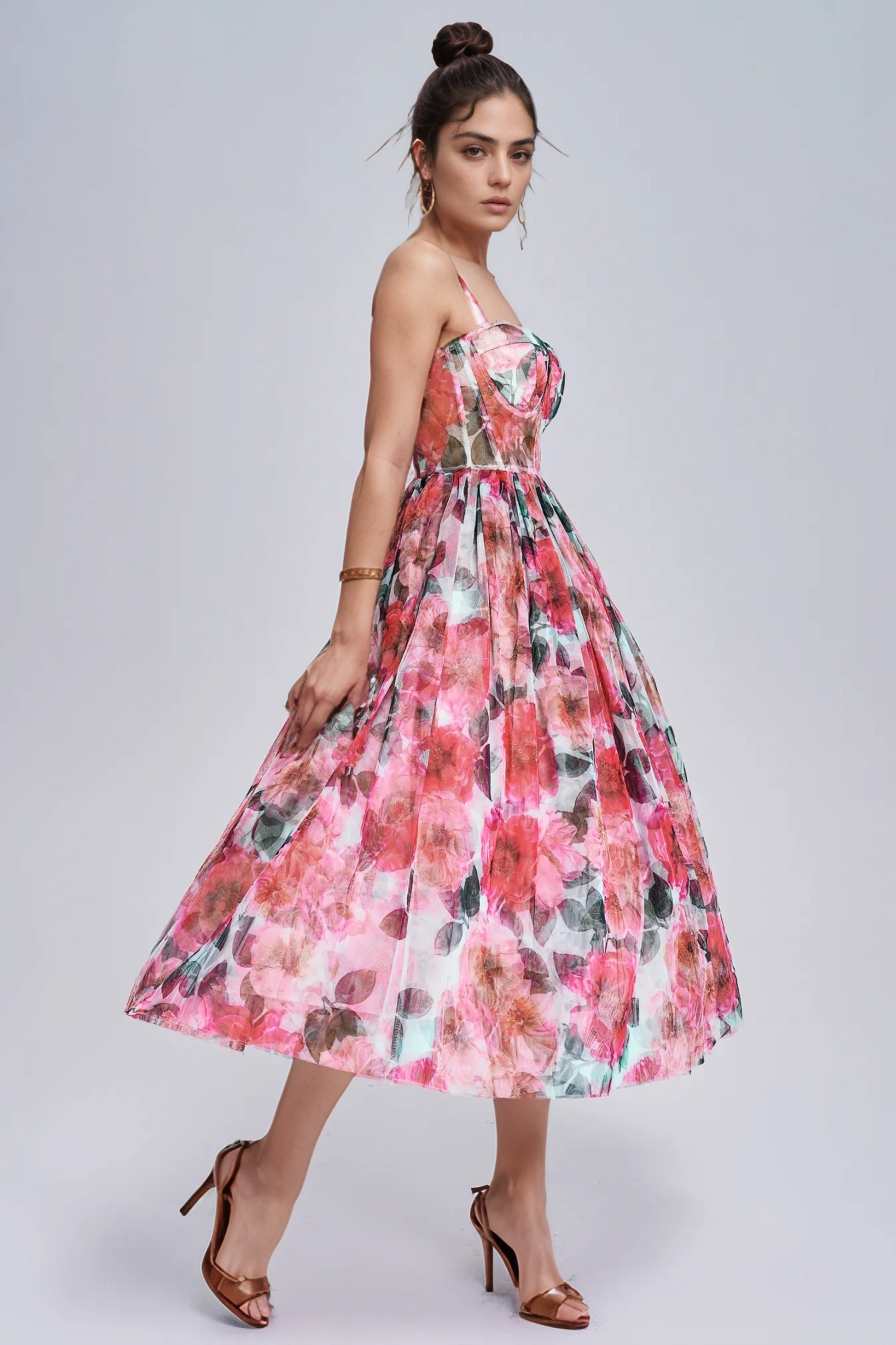Floral Mesh Suspender Dress - Slim Waist A-Line Swing