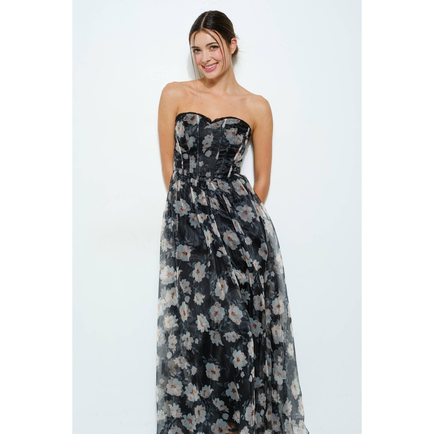 Strapless Floral Maxi Dress with Corset Bodice
