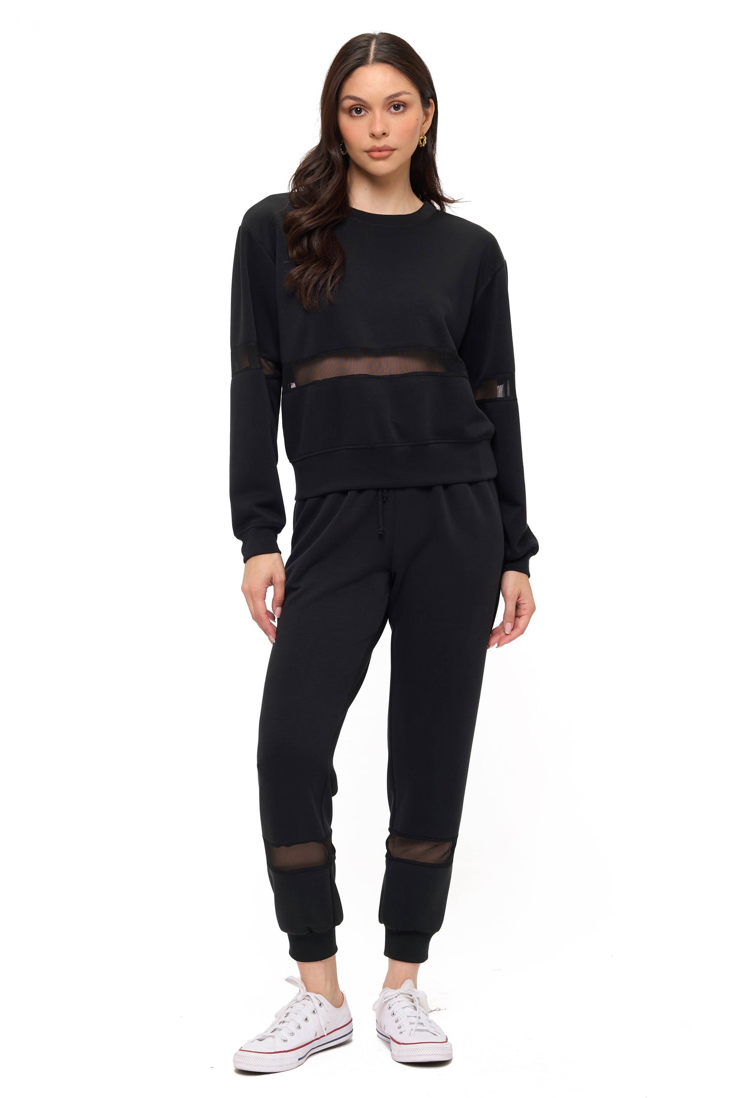 Long Sleeve Crew-Neck Scuba Top with Mesh