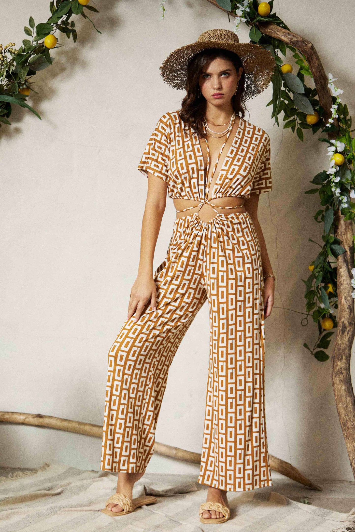 Retro Print Wrap Ties Jumpsuit