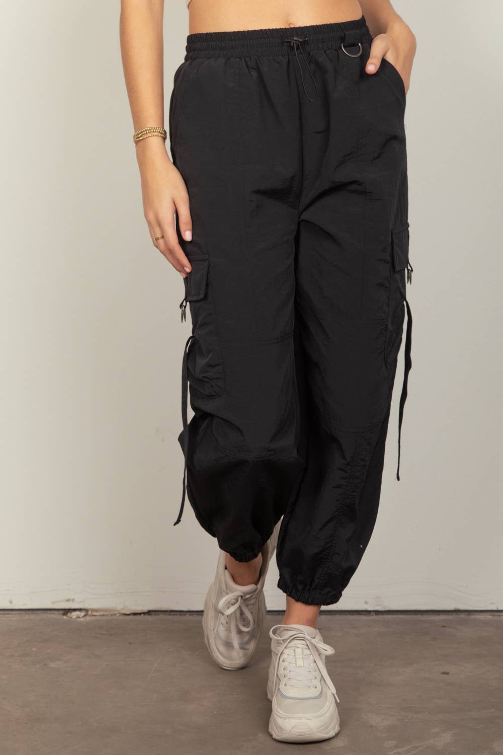 Elastic Waist Solid Woven Cargo Pants