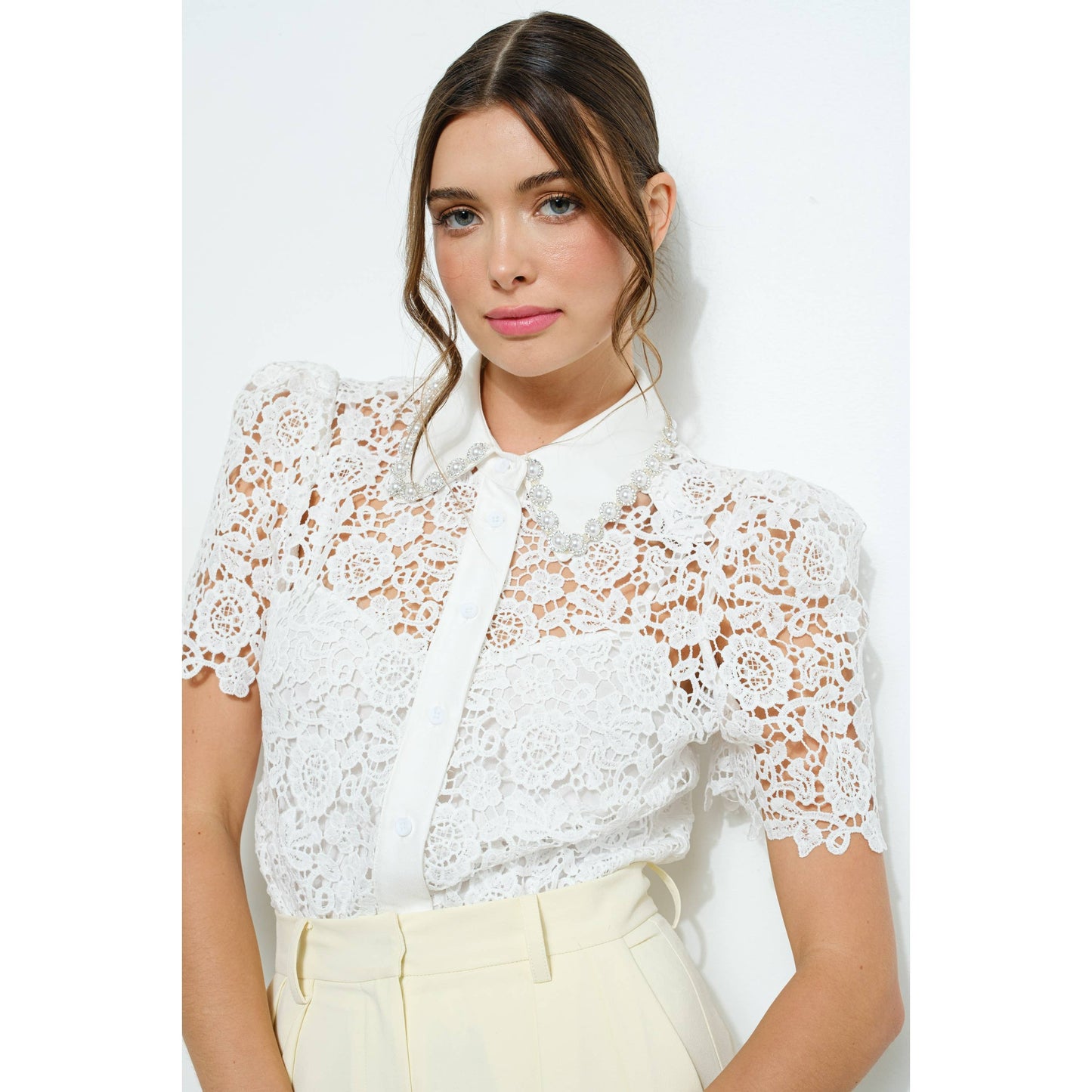 Pearl Embellished Collar Lace Blouse
