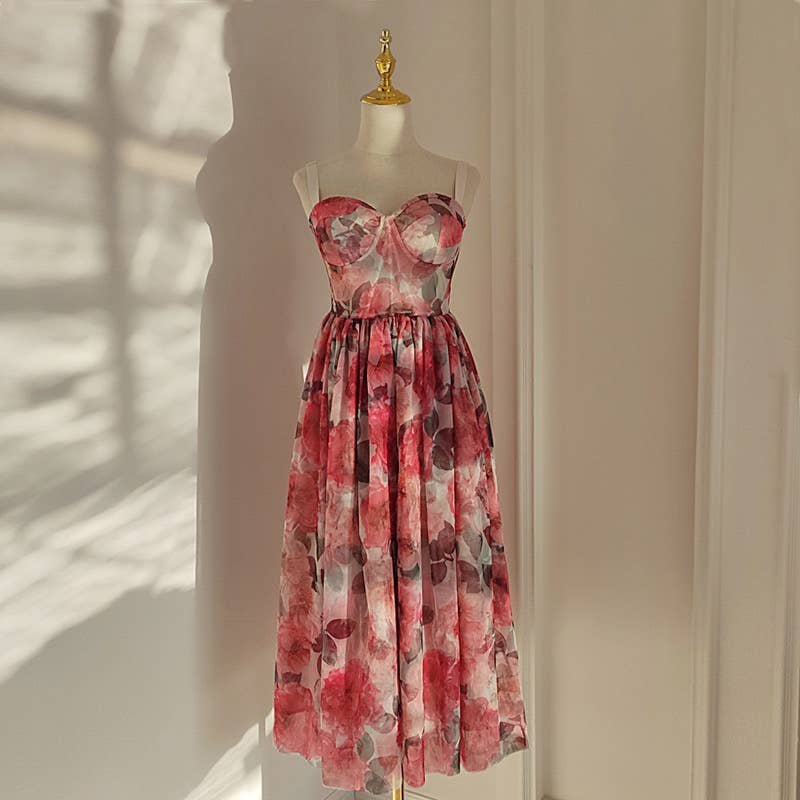 Floral Mesh Suspender Dress - Slim Waist A-Line Swing