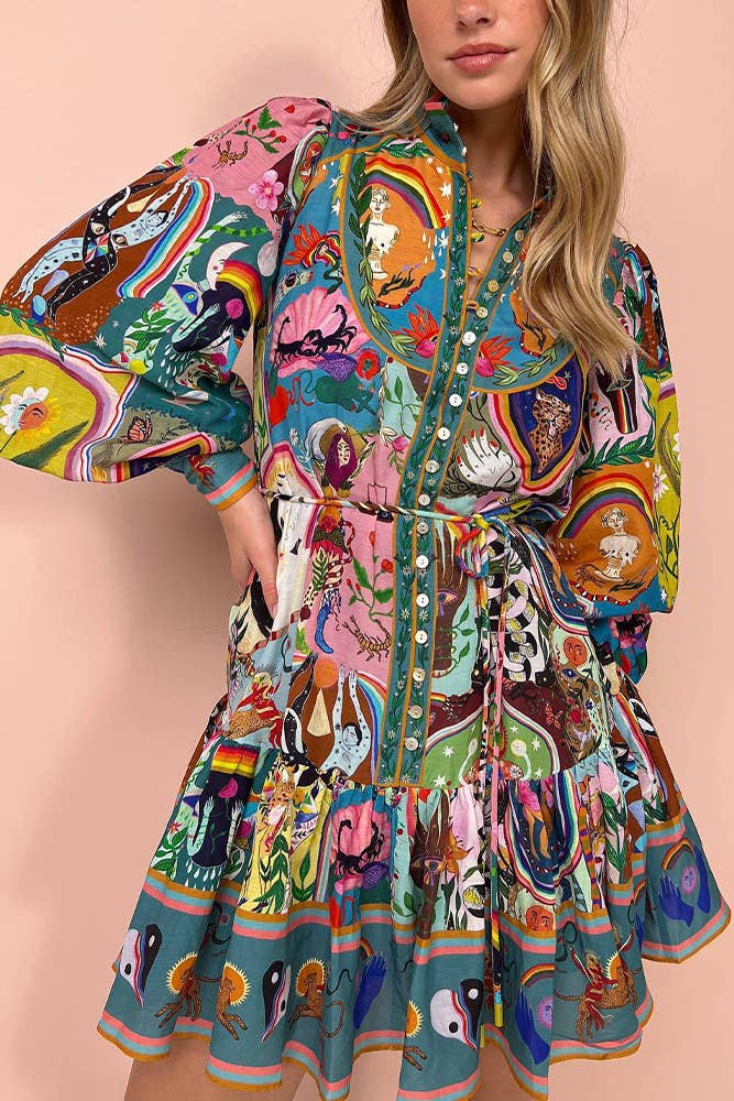 Printed Button Ruffles Dress
