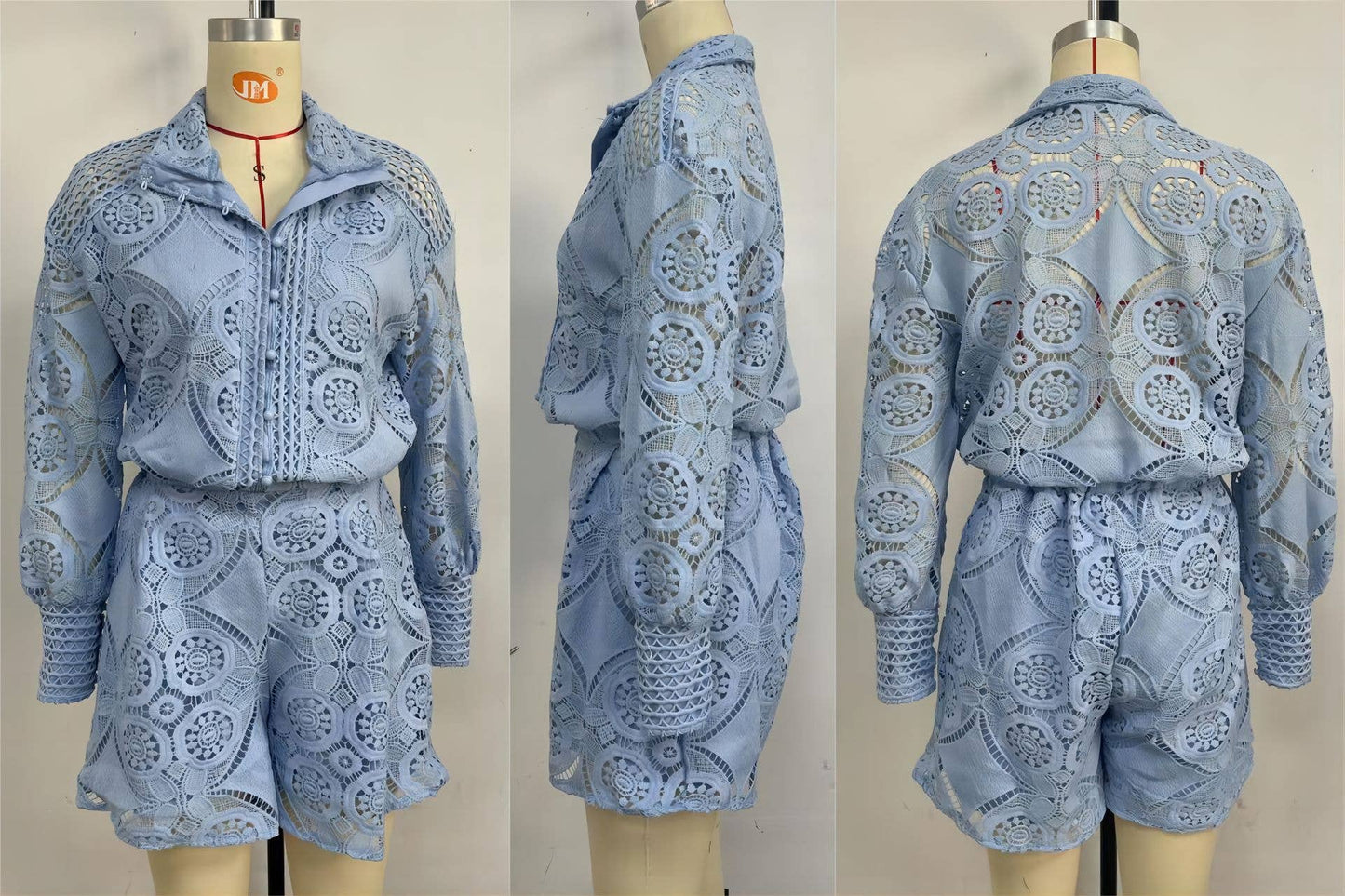 Full Lace Buttoned Blouse With Shorts 2pcs Set ZK1543