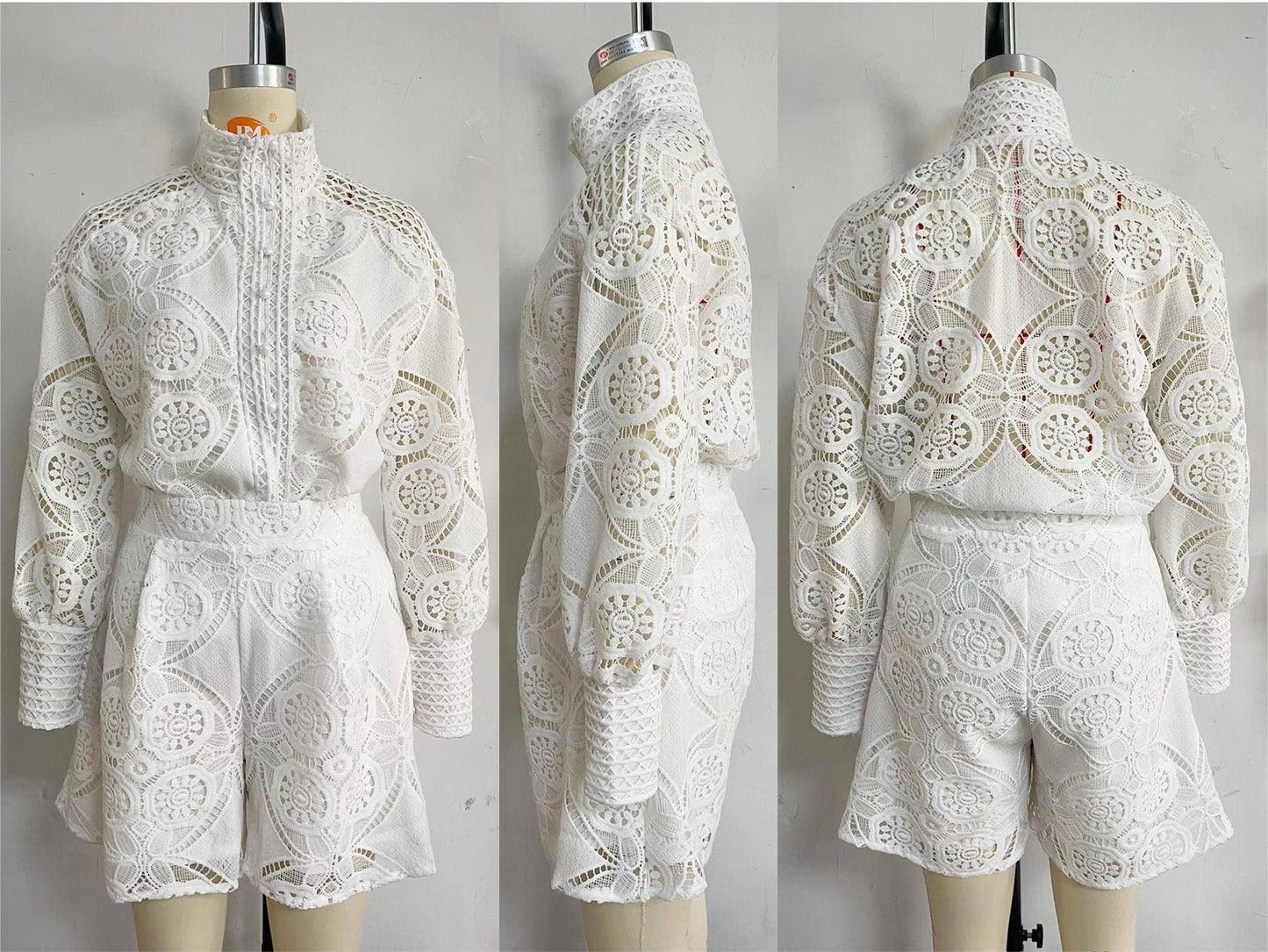 Full Lace Buttoned Blouse With Shorts 2pcs Set ZK1543