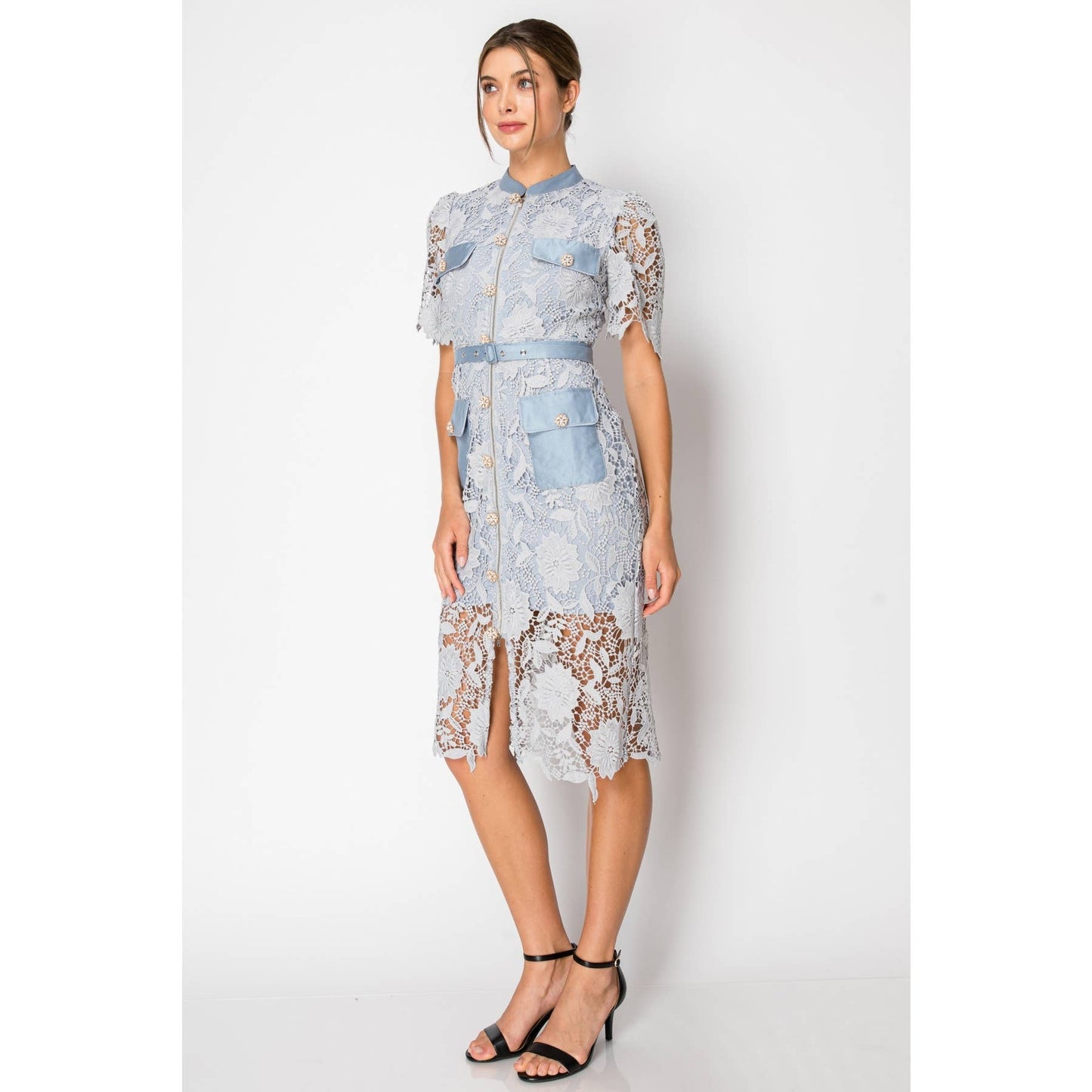 Lace Short Sleeve Zipper Closure Midi Dress