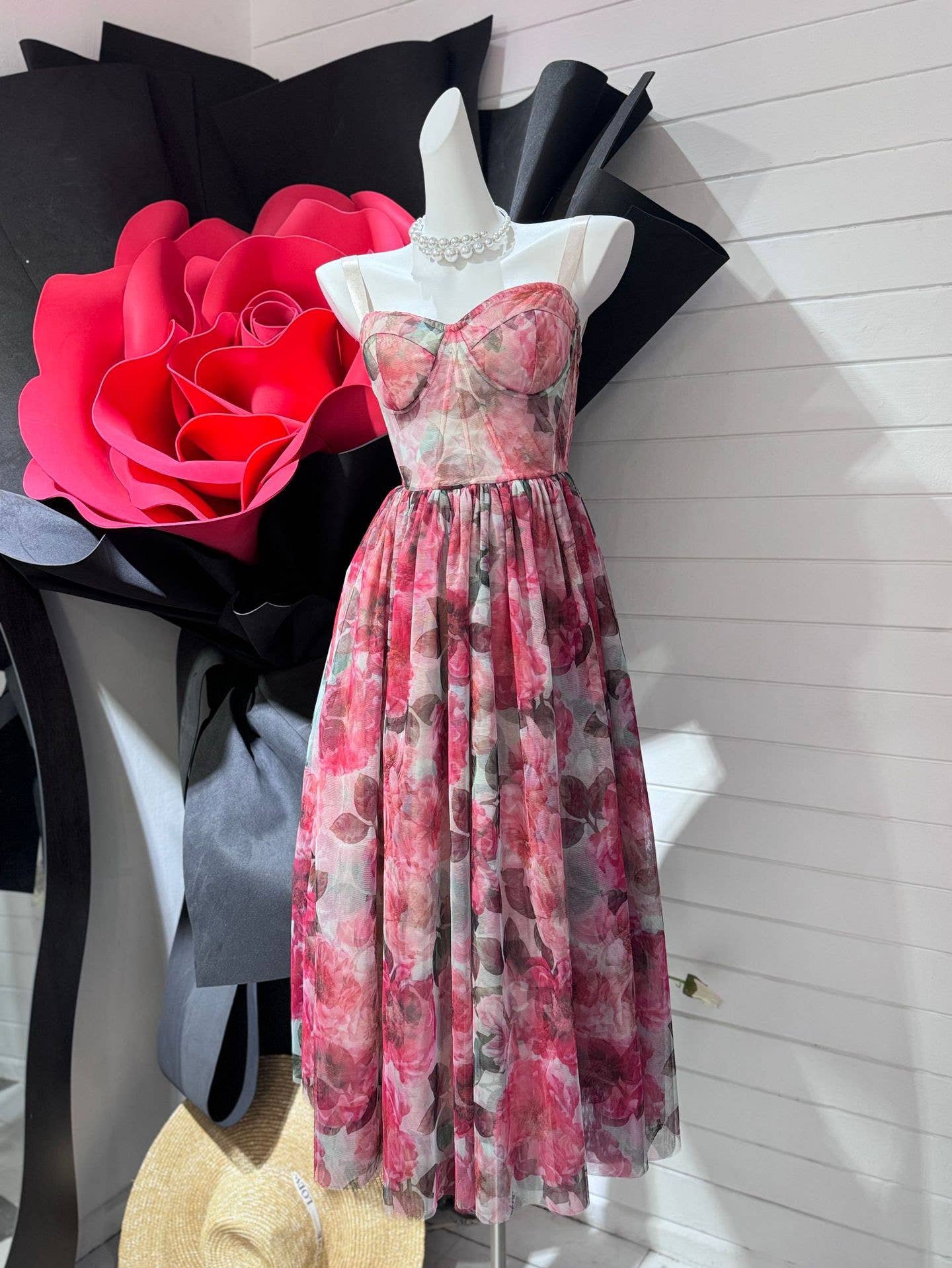 Floral Mesh Suspender Dress - Slim Waist A-Line Swing