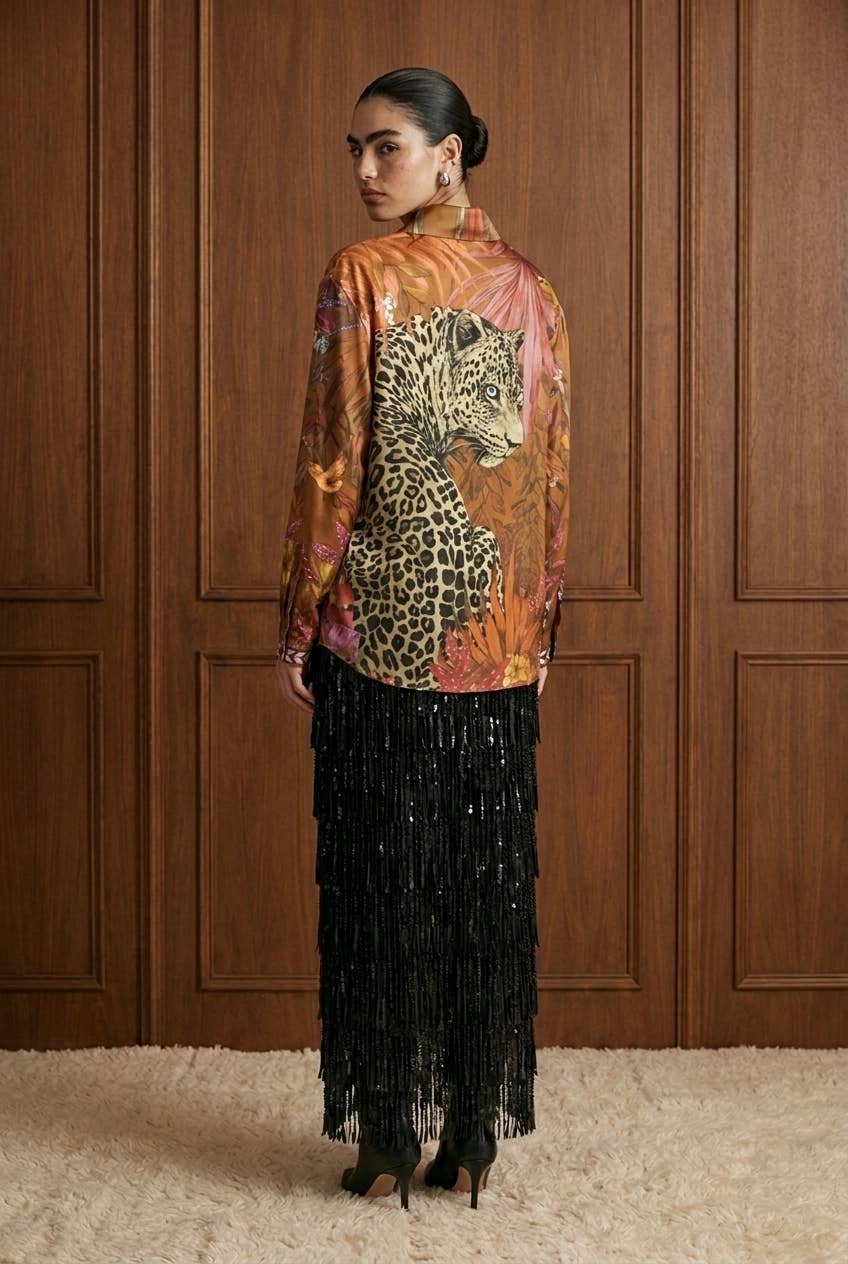 Engineered Leopard Motif Satin Button-Down