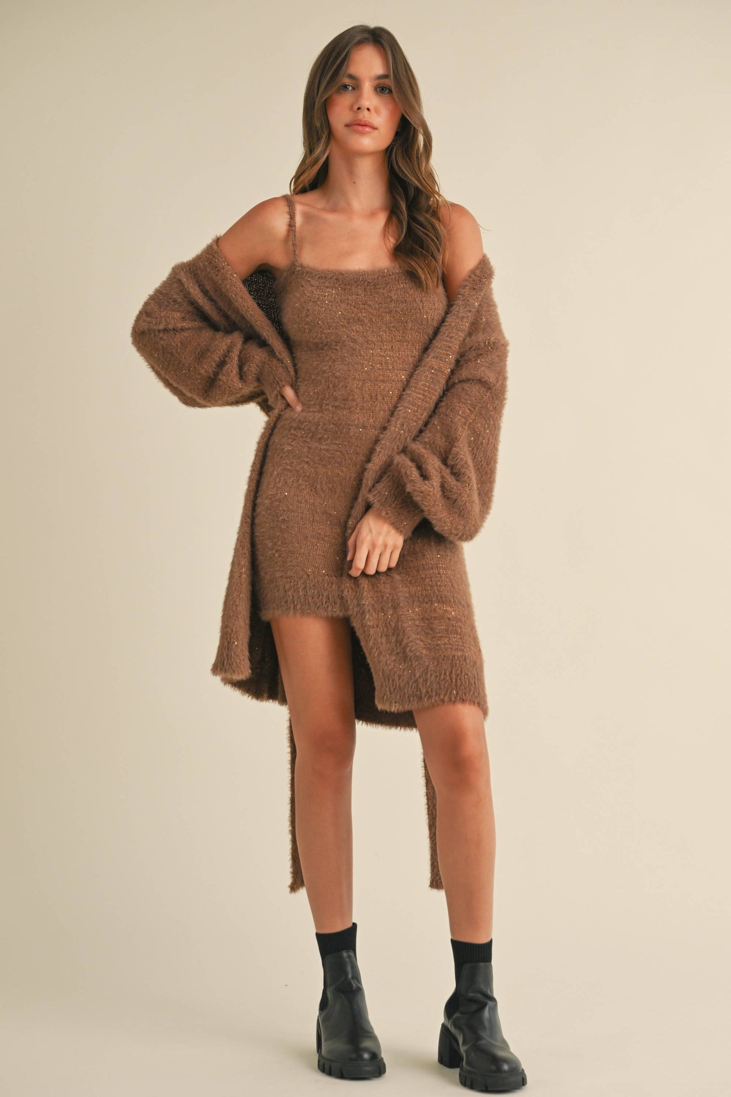SOFT SLEEVELESS TUBE MINI DRESS AND CARDIGAN SET