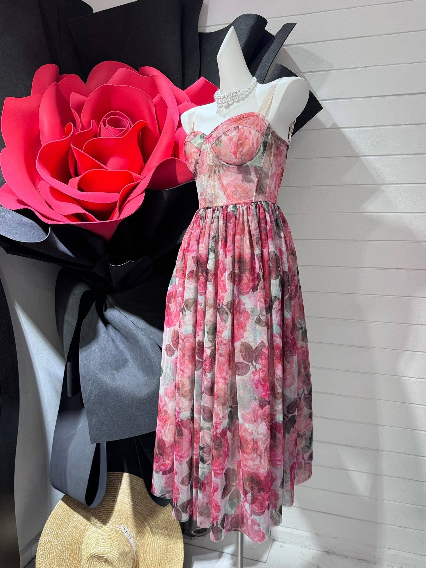 Floral Mesh Suspender Dress - Slim Waist A-Line Swing