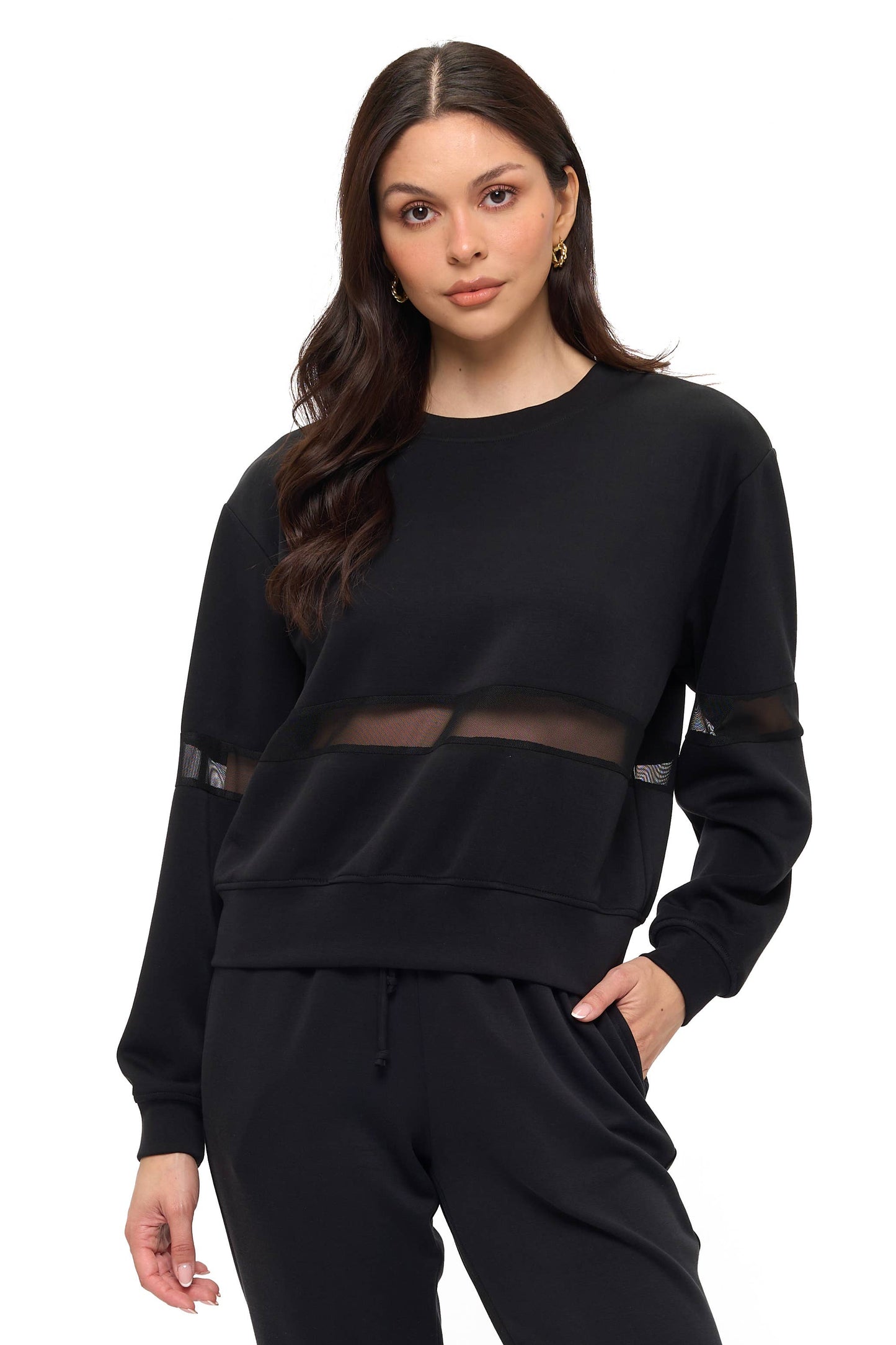 Long Sleeve Crew-Neck Scuba Top with Mesh