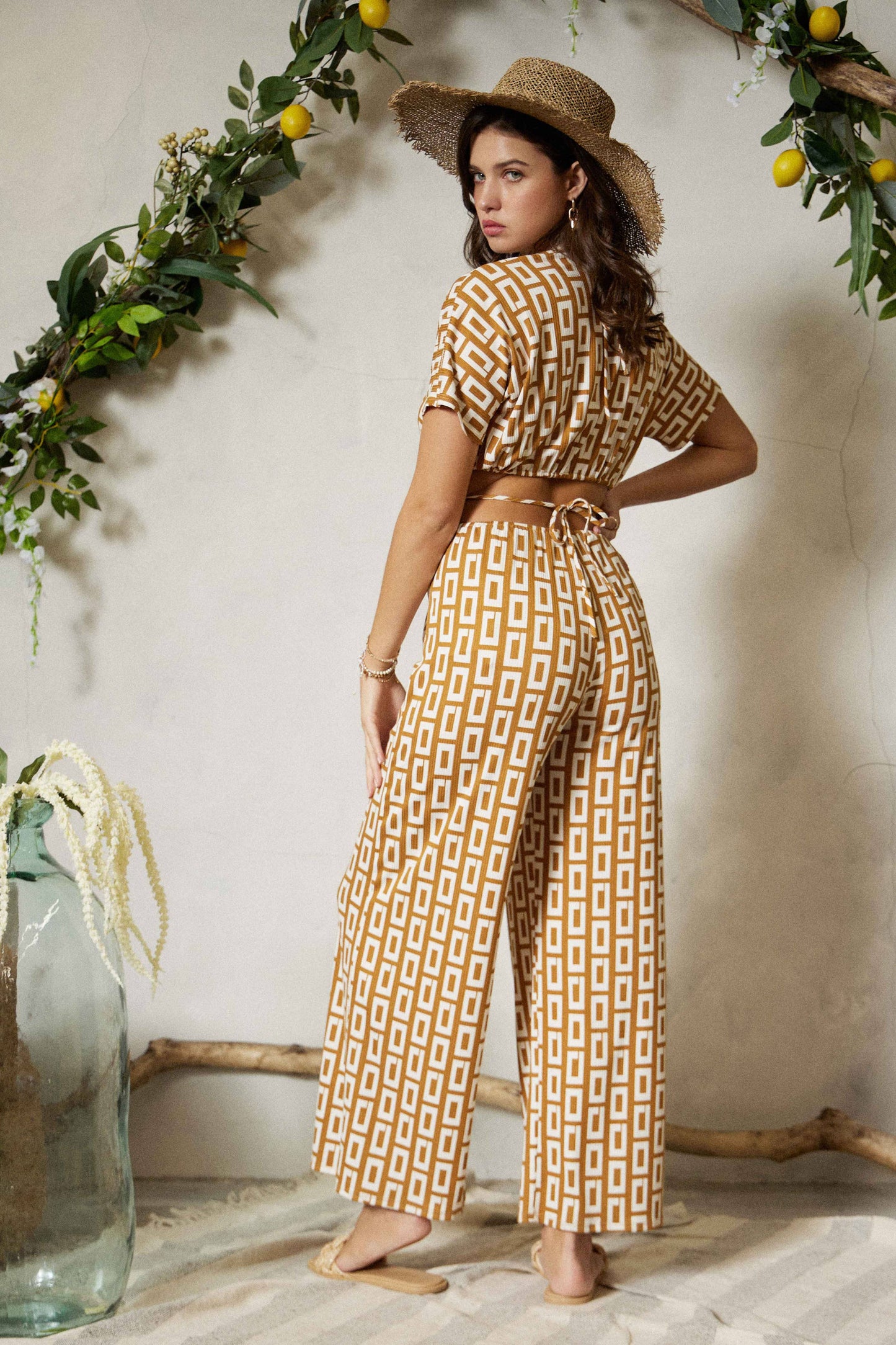 Retro Print Wrap Ties Jumpsuit