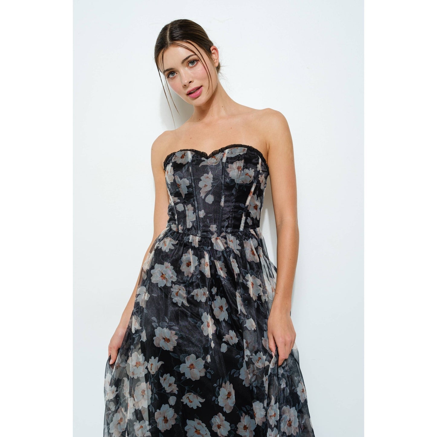 Strapless Floral Maxi Dress with Corset Bodice