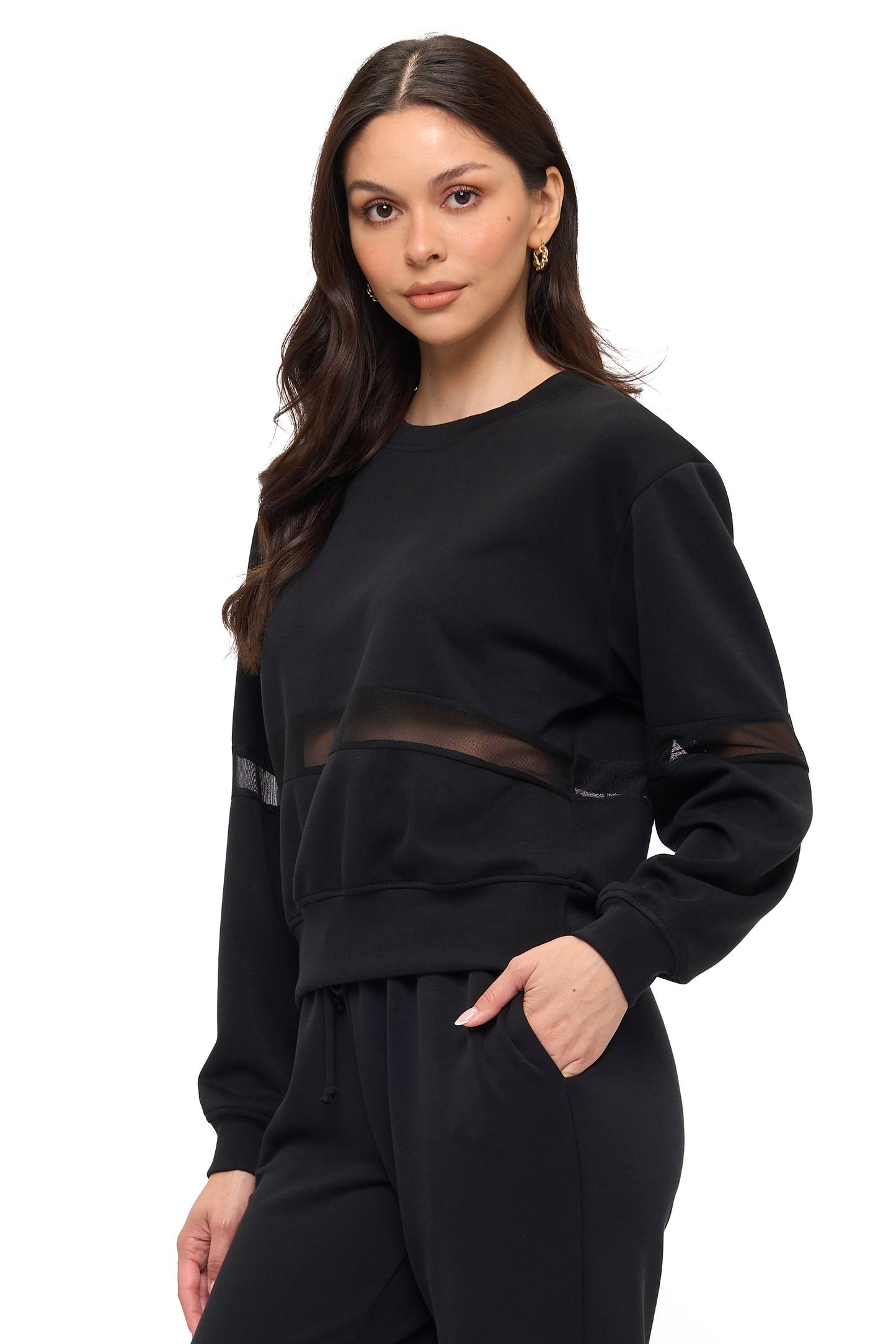 Long Sleeve Crew-Neck Scuba Top with Mesh