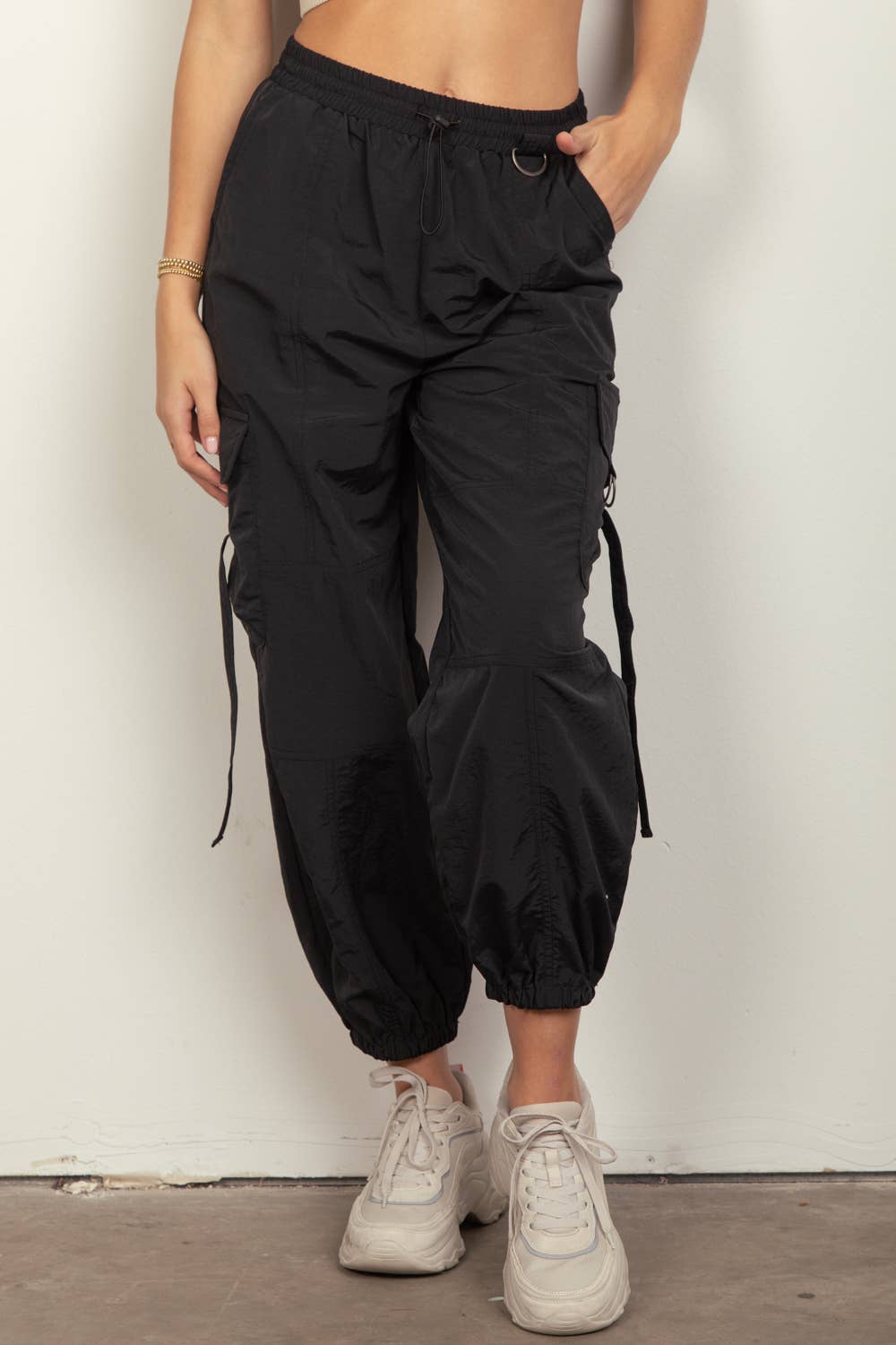 Elastic Waist Solid Woven Cargo Pants